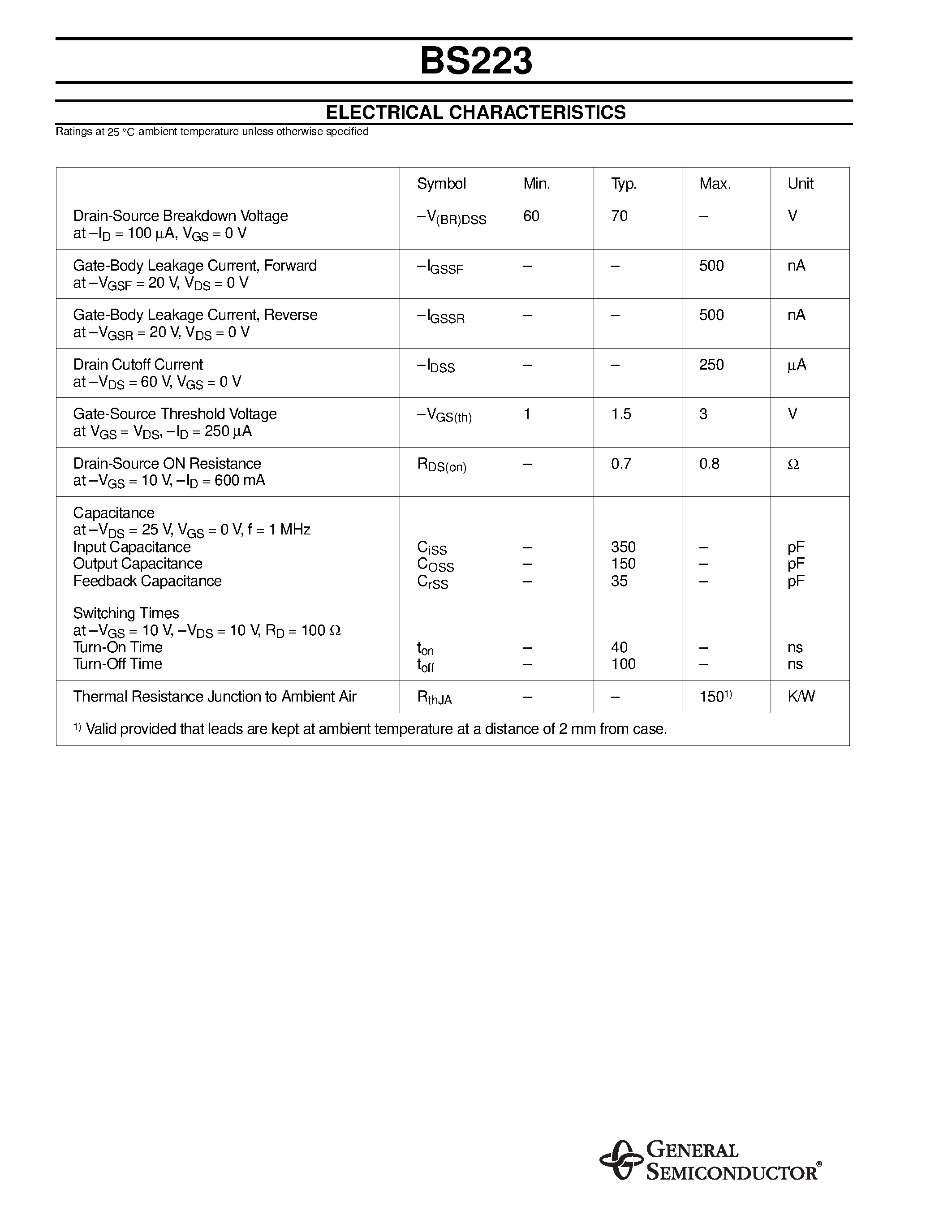 Datasheet BS223 - DMOS Transistors (P-Channel) page 2
