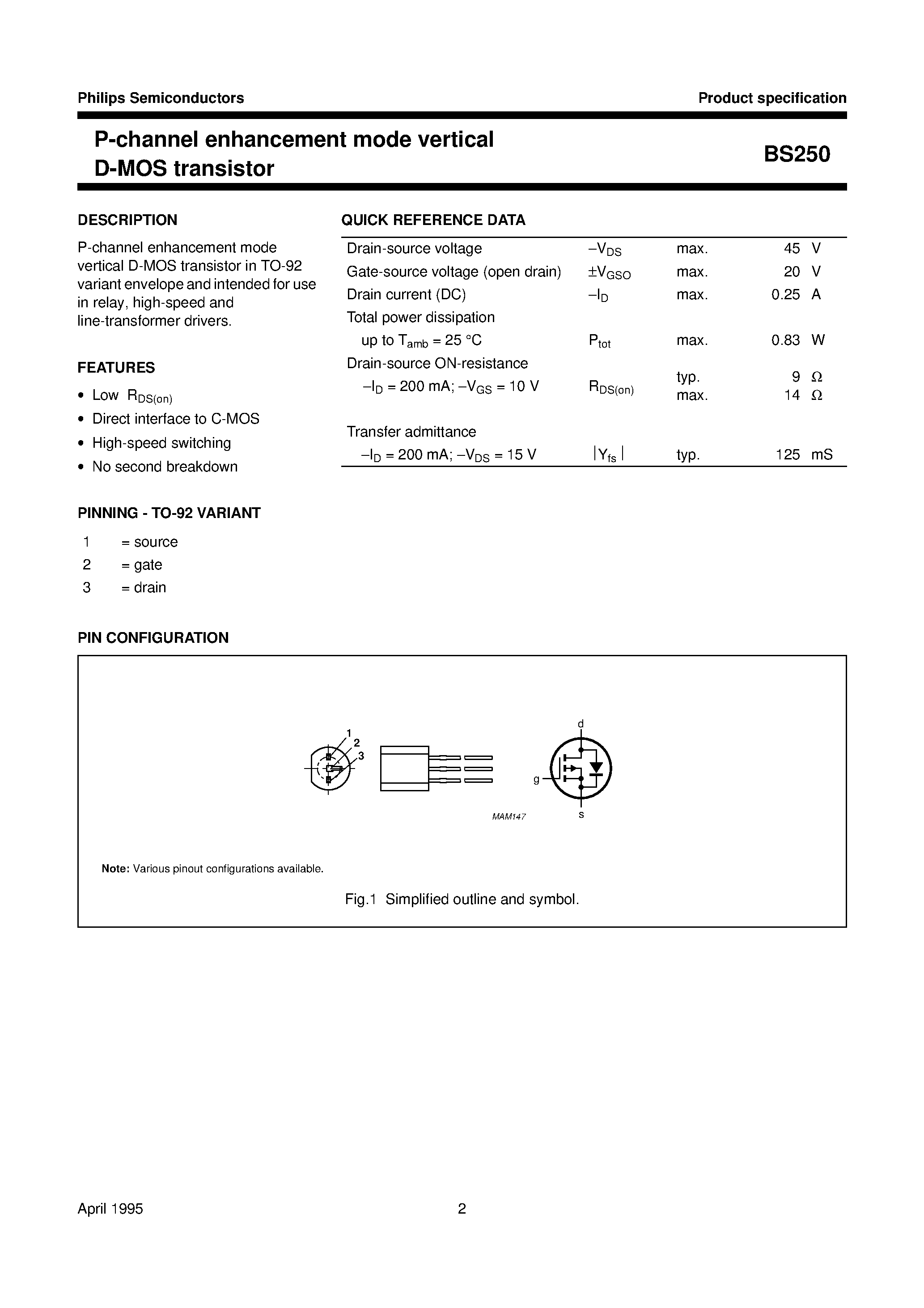 Datasheet BS250 - P-channel enhancement mode vertical D-MOS transistor page 2