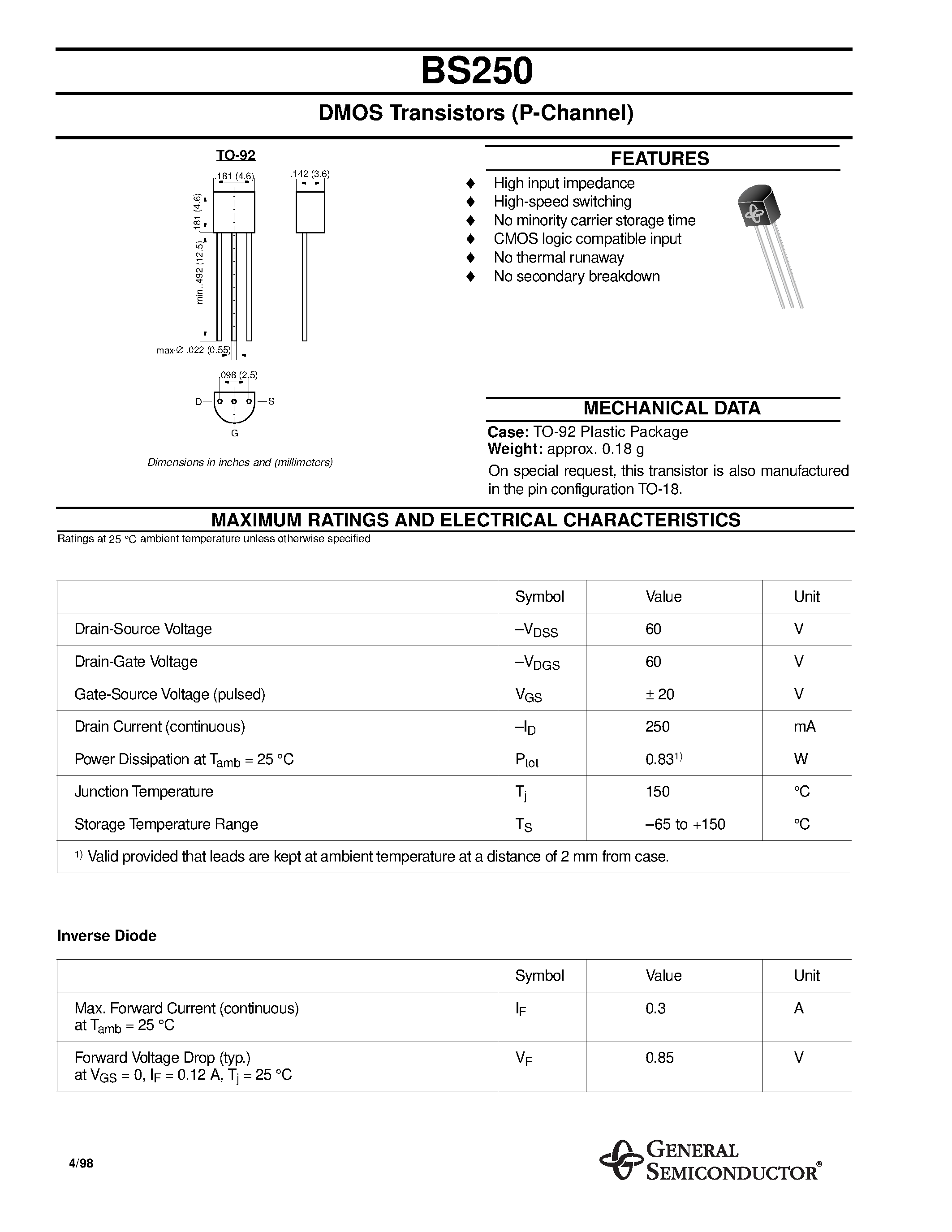 Datasheet BS250 - DMOS Transistors (P-Channel) page 1