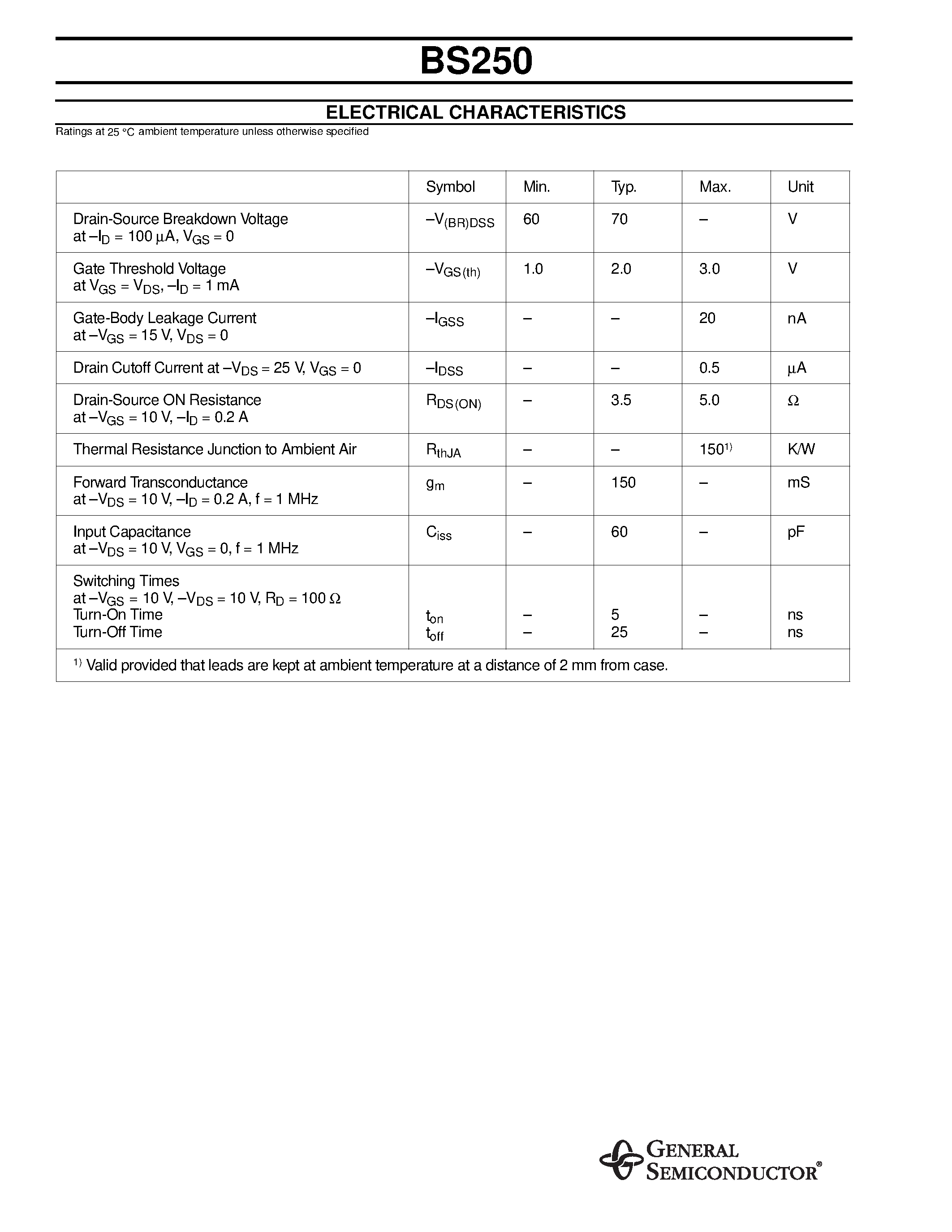 Datasheet BS250 - DMOS Transistors (P-Channel) page 2