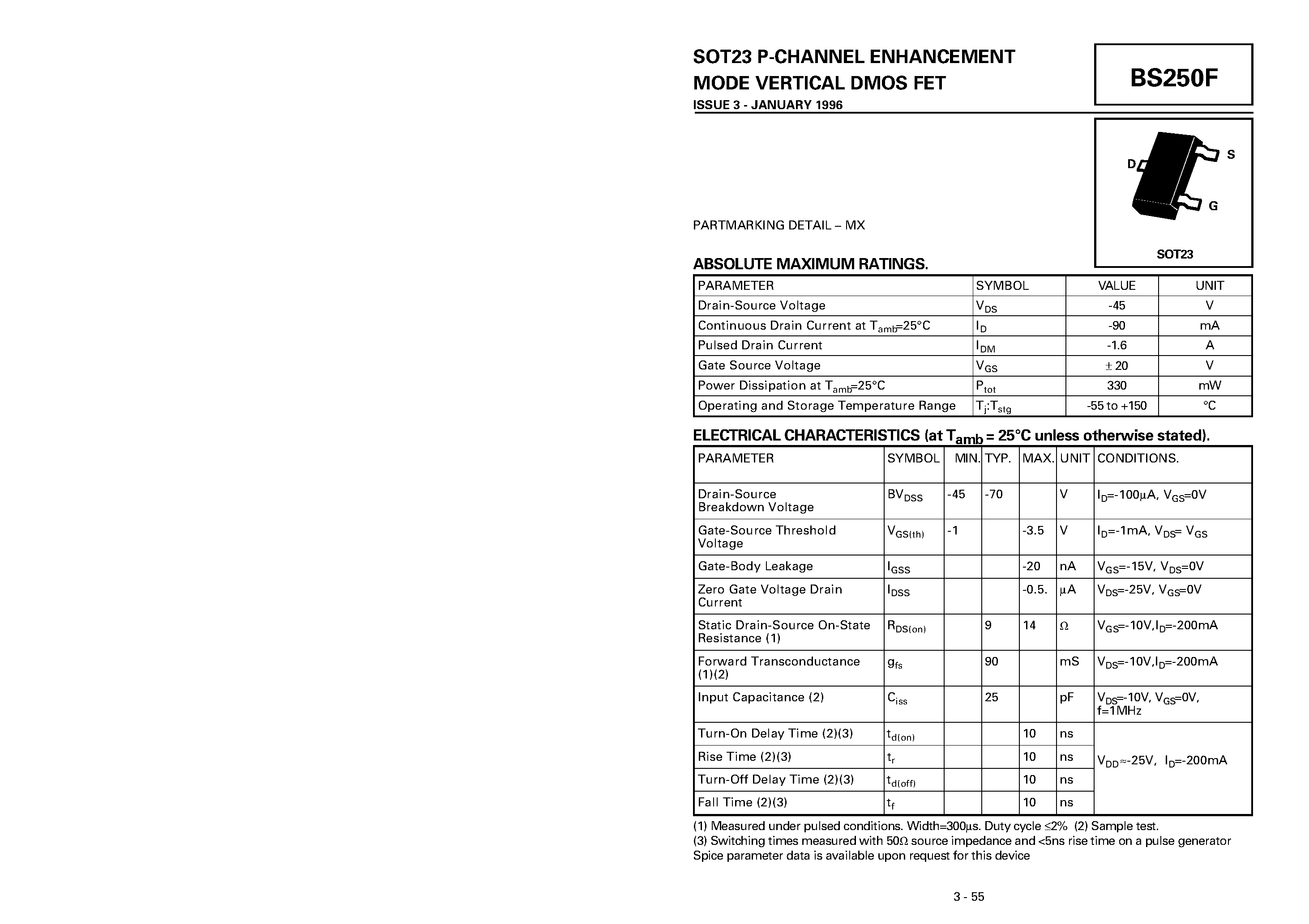 Datasheet BS250F - P-CHANNEL ENHANCEMENT MODE VERTICAL DMOS FET page 1