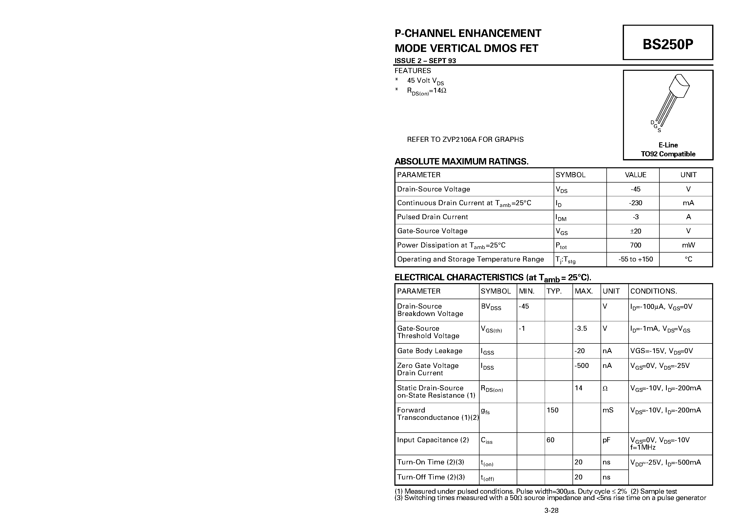 Datasheet BS250P - P-CHANNEL ENHANCEMENT MODE VERTICAL DMOS FET page 1