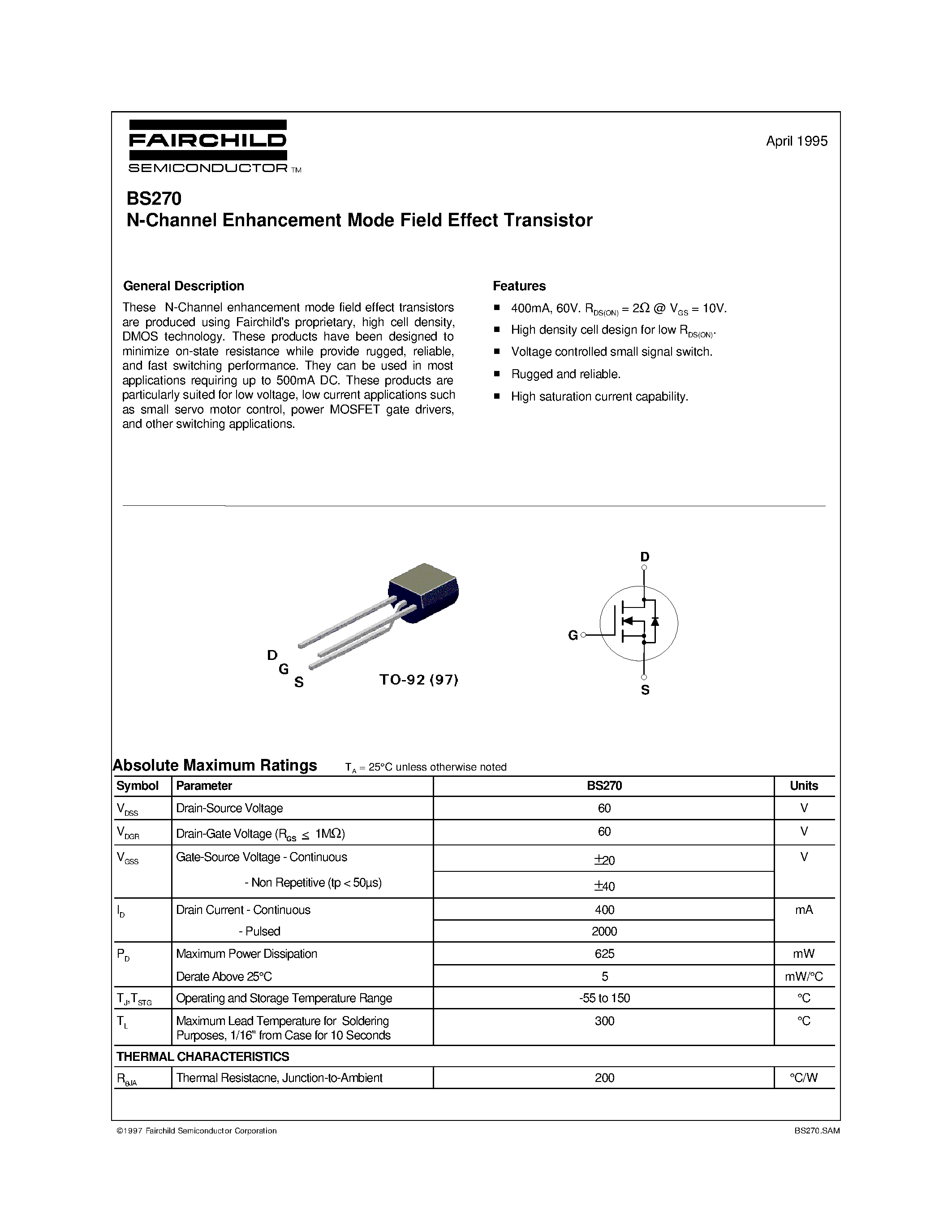 Datasheet BS270 - N-Channel Enhancement Mode Field Effect Transistor page 1