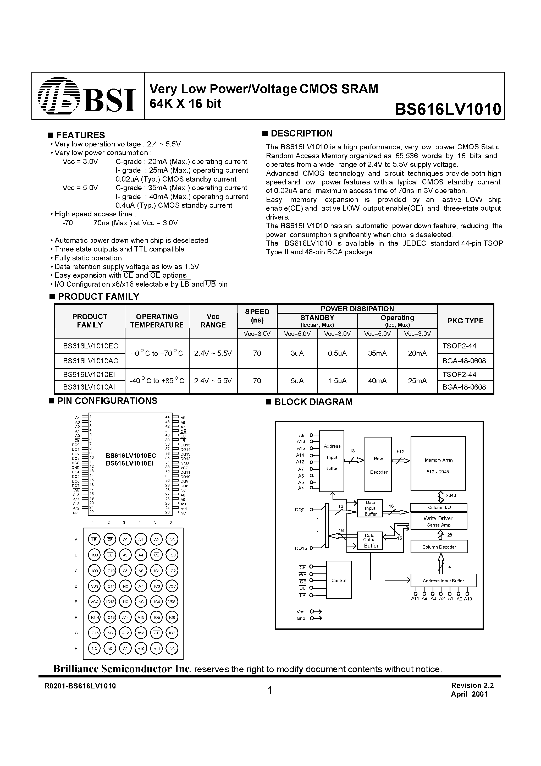 Даташит BS616LV1010AI - Very Low Power/Voltage CMOS SRAM 64K X 16 bit страница 1
