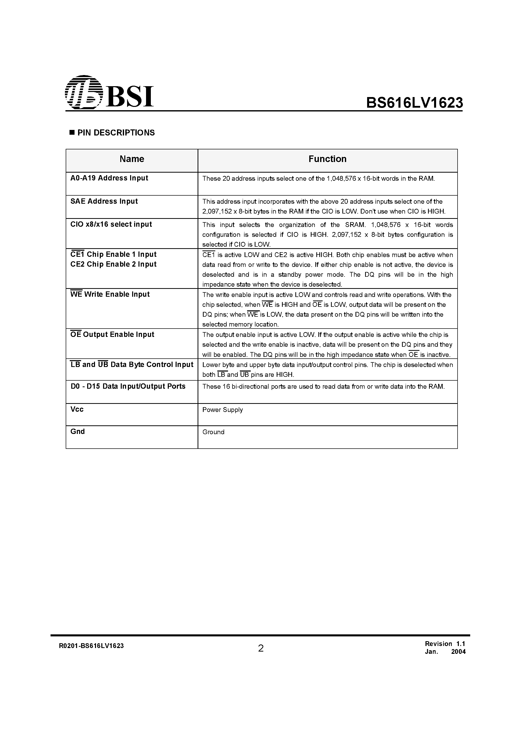 Datasheet BS616LV1623 page 2 Datasheet BS616LV1623 - Very Low Power/Voltage CMOS SRAM 1M x 16 or 2M x 8 bit switchable page 2