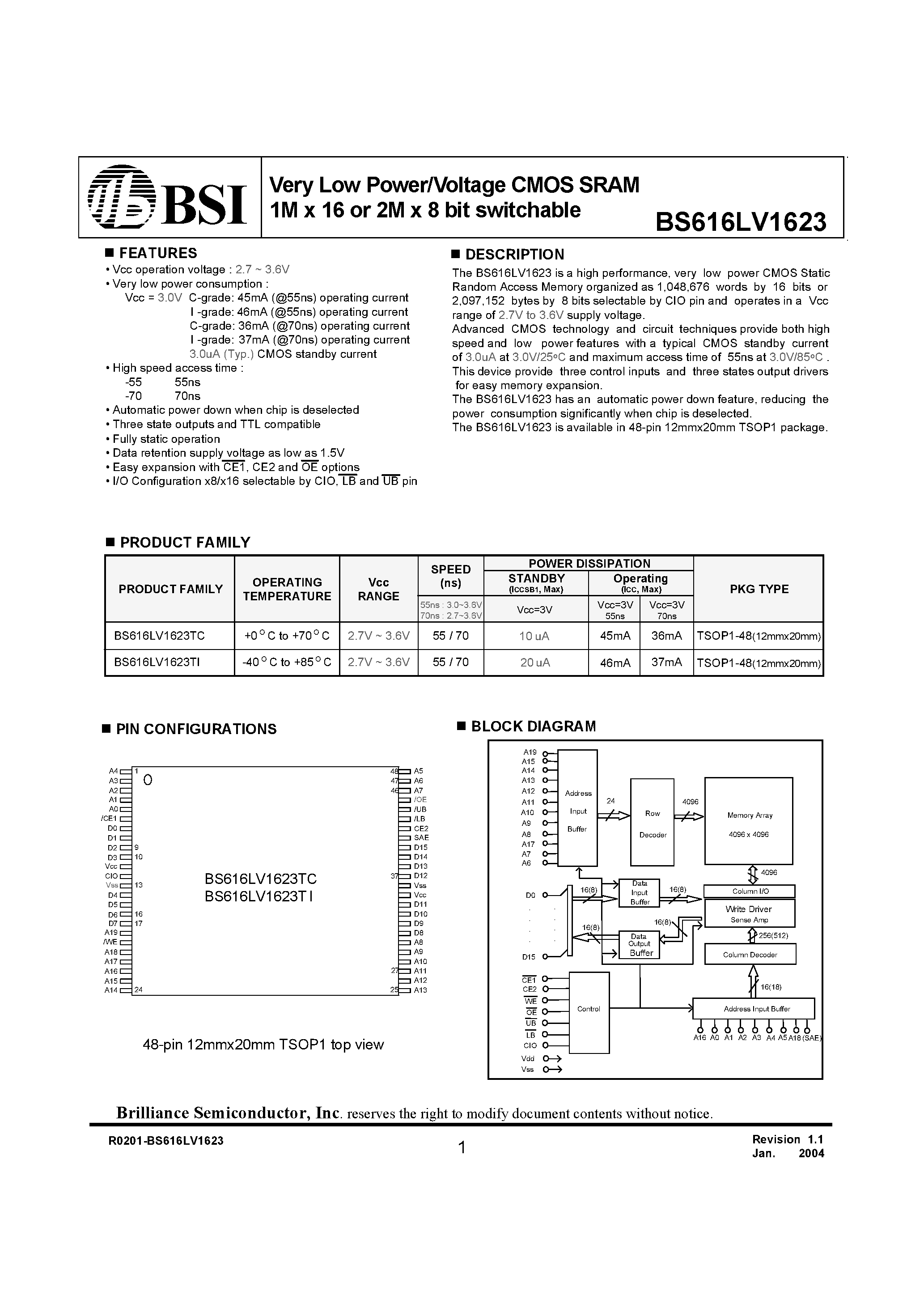 Datasheet BS616LV1623TCP70 page 1 Datasheet BS616LV1623TCP70 - Very Low Power/Voltage CMOS SRAM 1M x 16 or 2M x 8 bit switchable page 1