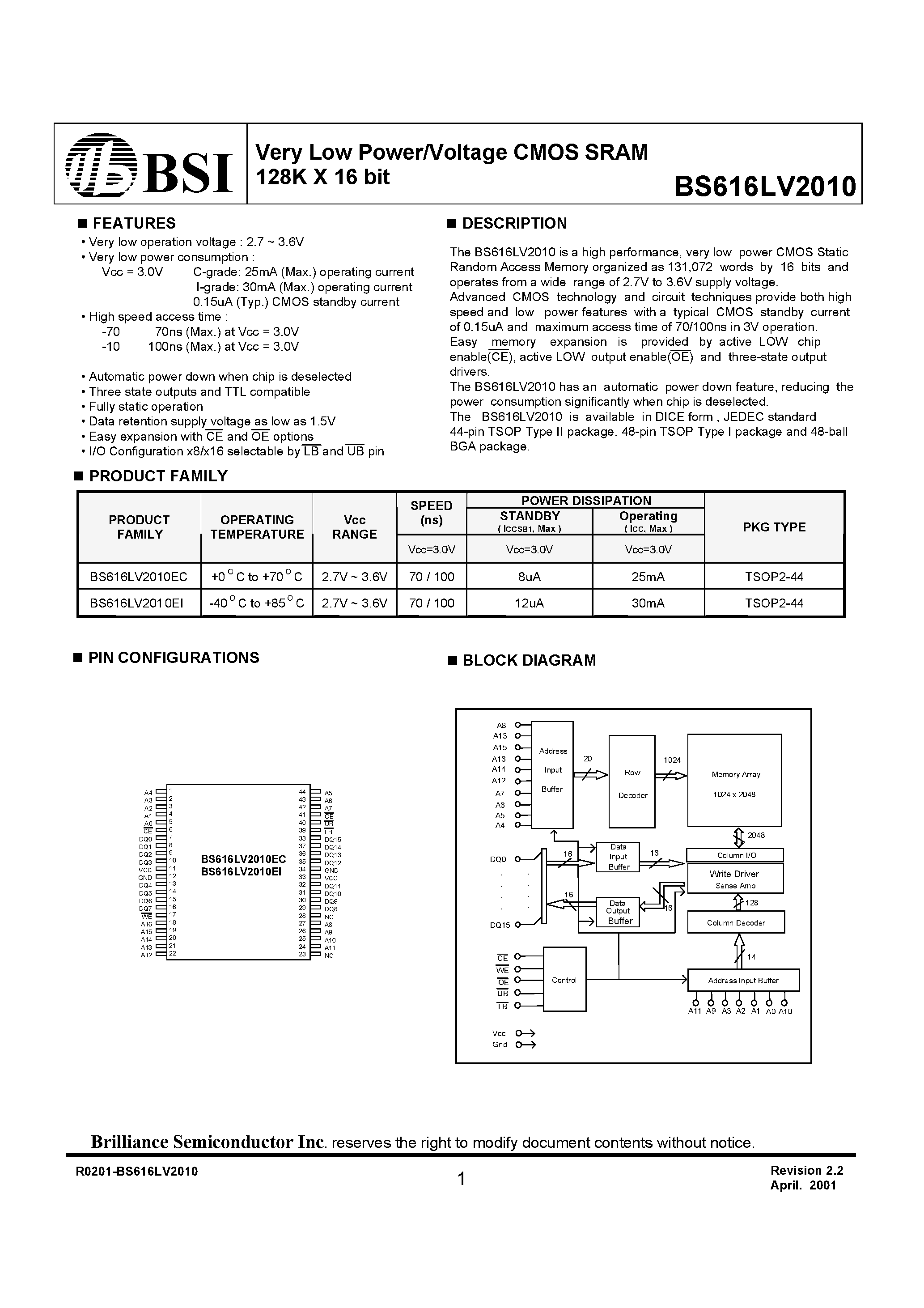 Даташит BS616LV2010EC - Very Low Power/Voltage CMOS SRAM 128K X 16 bit страница 1