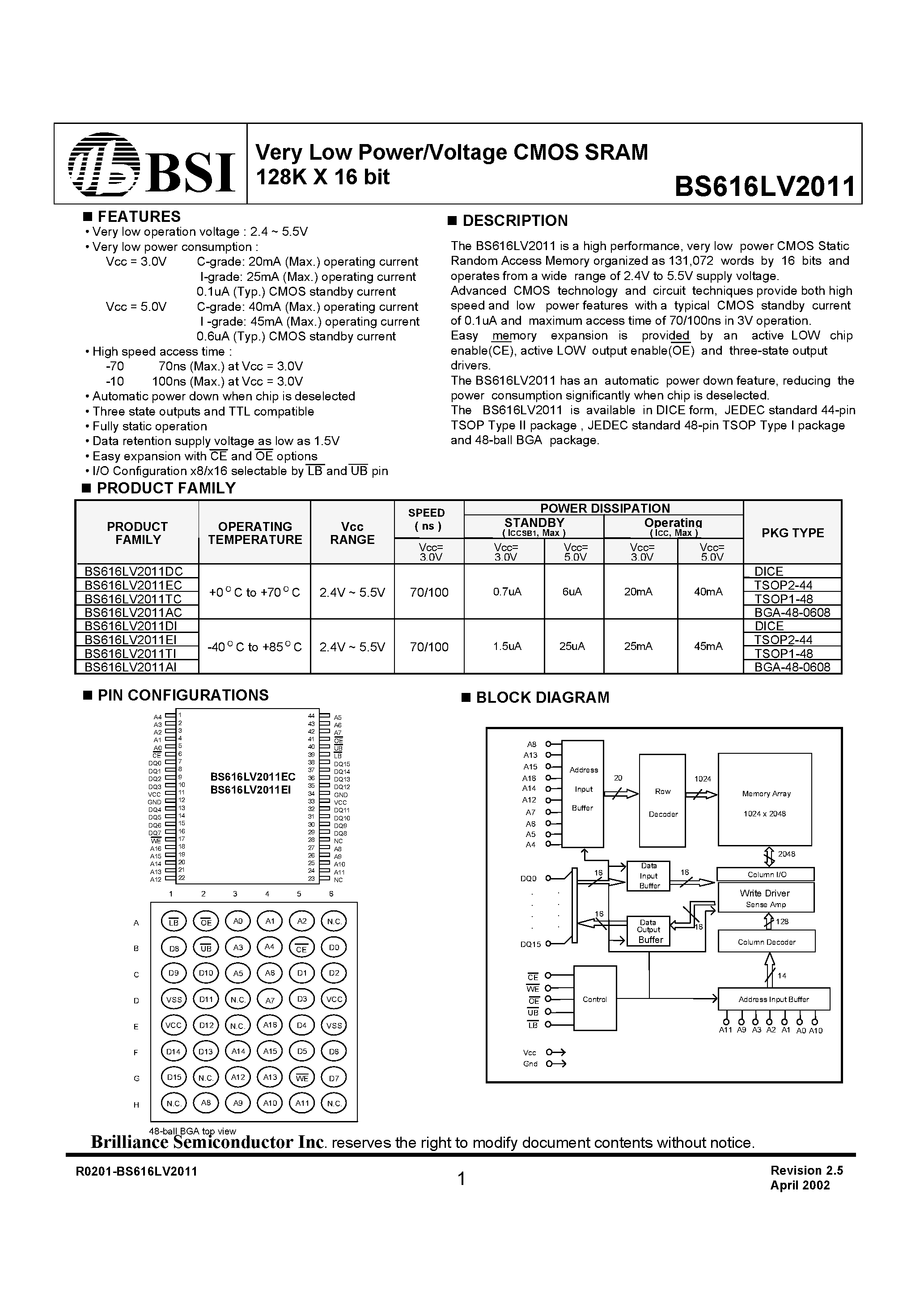 Даташит на микросхему BS616LV2011 страница 1 Даташит BS616LV2011 - Very Low Power/Voltage CMOS SRAM 128K X 16 bit страница 1