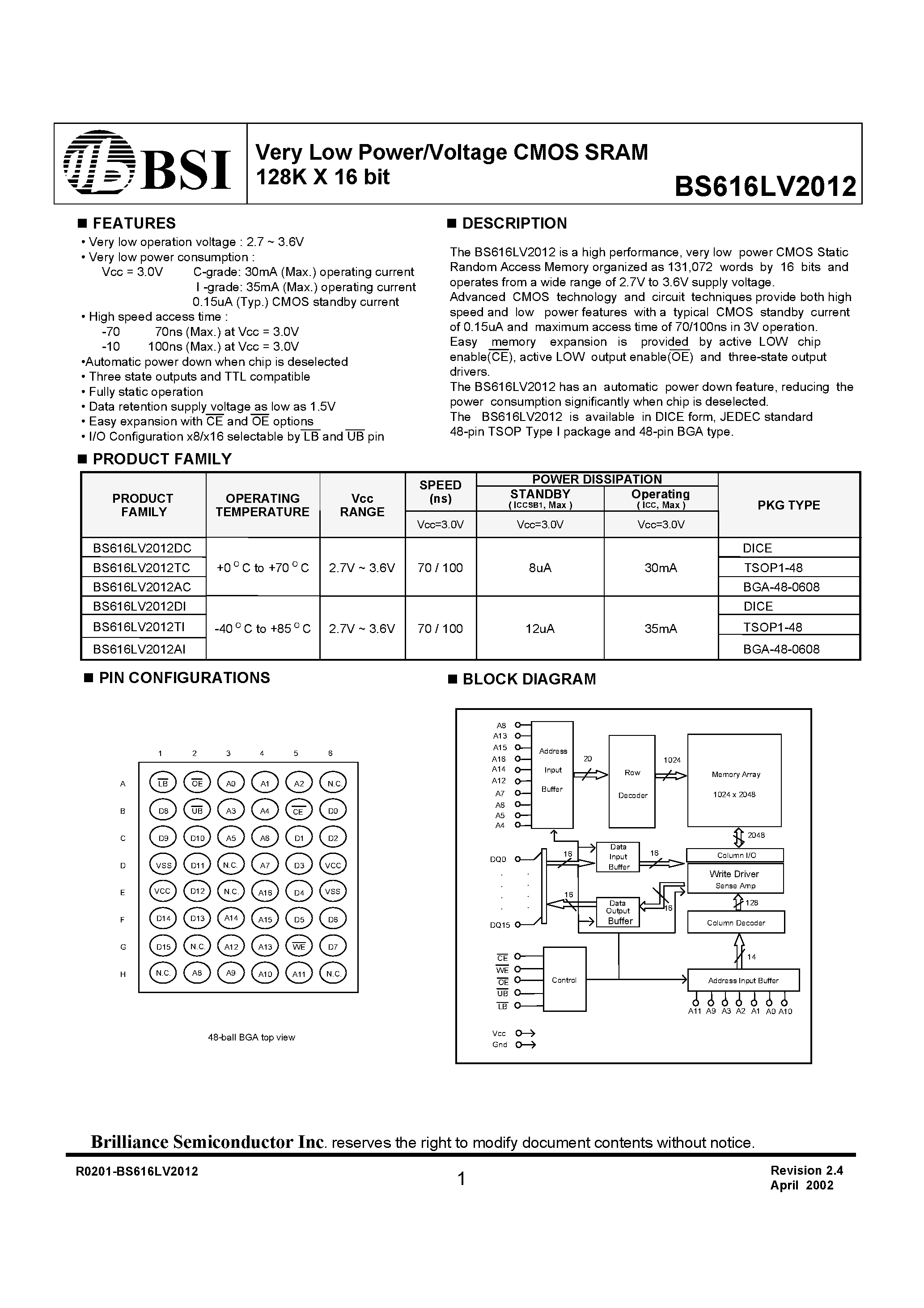 Даташит на микросхему BS616LV2012AC страница 1 Даташит BS616LV2012AC - Very Low Power/Voltage CMOS SRAM 128K X 16 bit страница 1