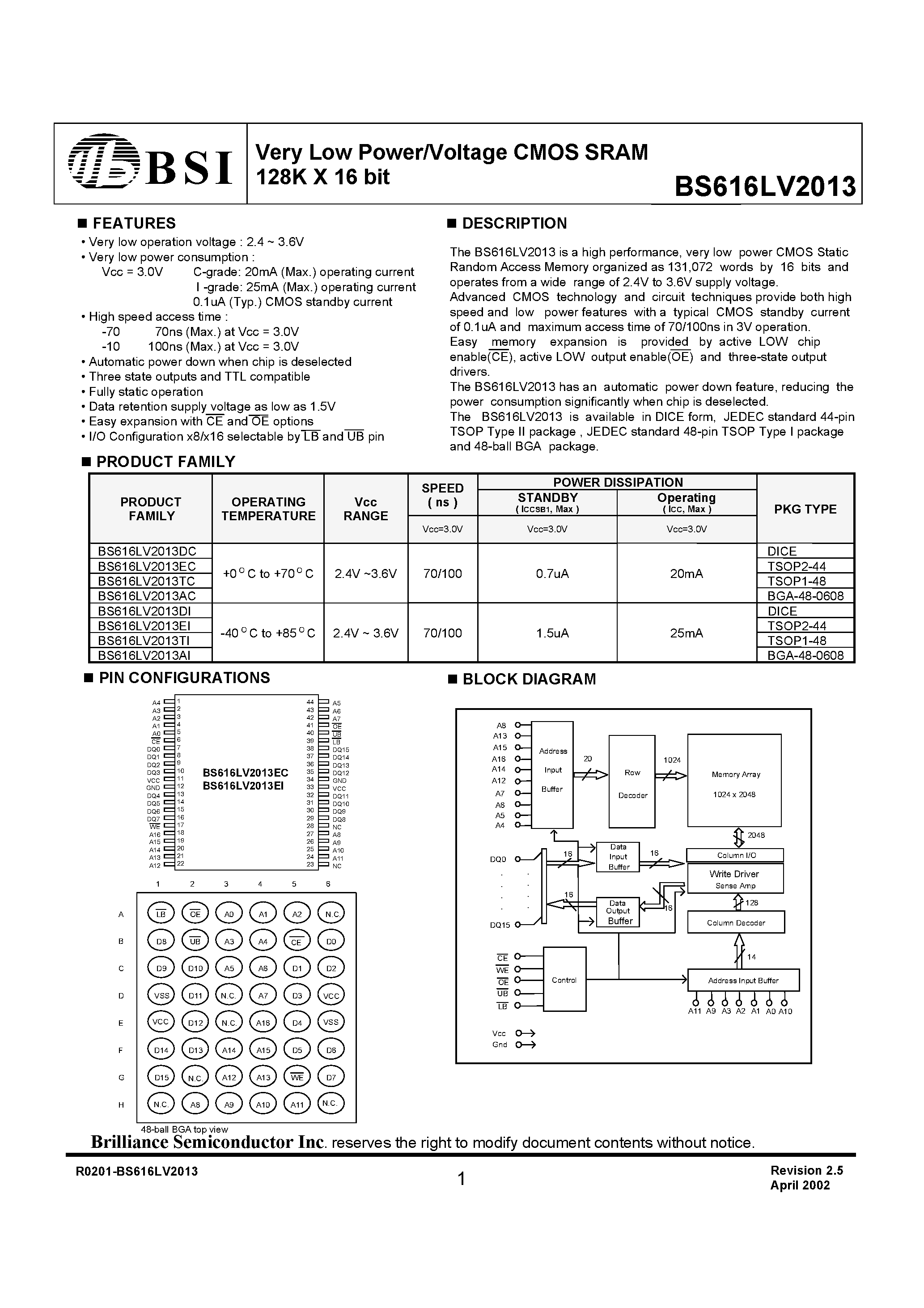 Даташит на микросхему BS616LV2013DI страница 1 Даташит BS616LV2013DI - Very Low Power/Voltage CMOS SRAM 128K X 16 bit страница 1