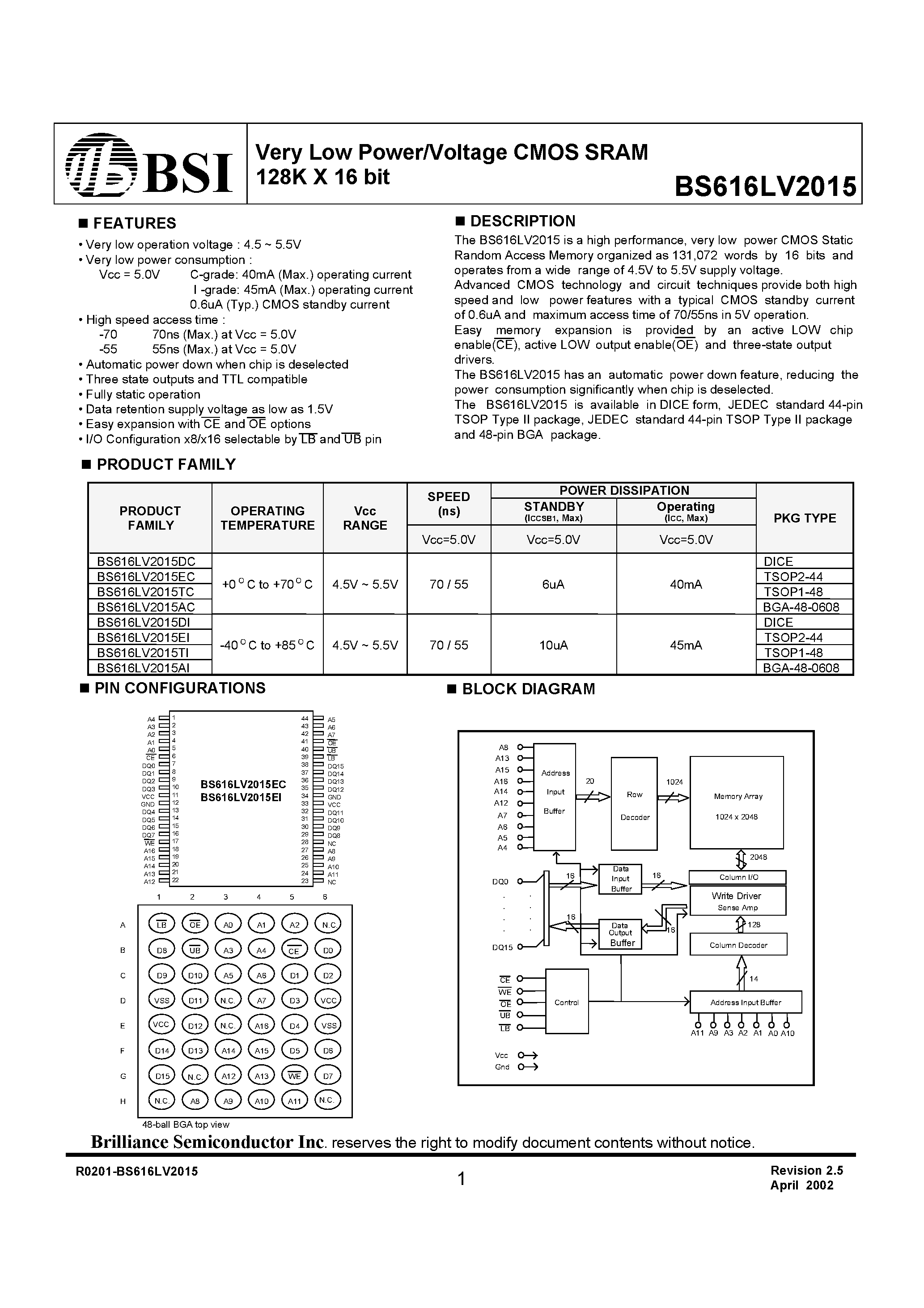 Даташит BS616LV2015TC - Very Low Power/Voltage CMOS SRAM 128K X 16 bit страница 1