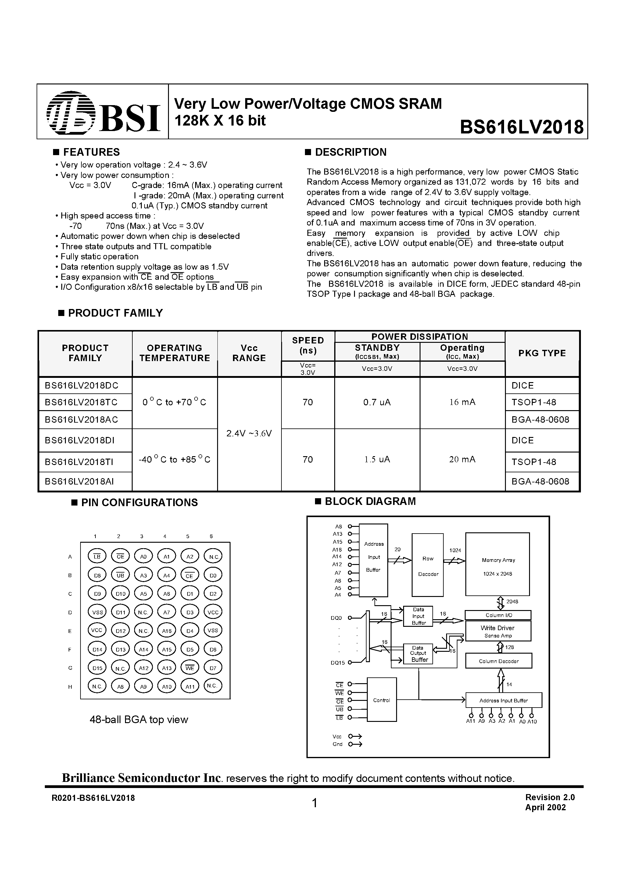 Даташит на микросхему BS616LV2018AI страница 1 Даташит BS616LV2018AI - Very Low Power/Voltage CMOS SRAM 128K X 16 bit страница 1