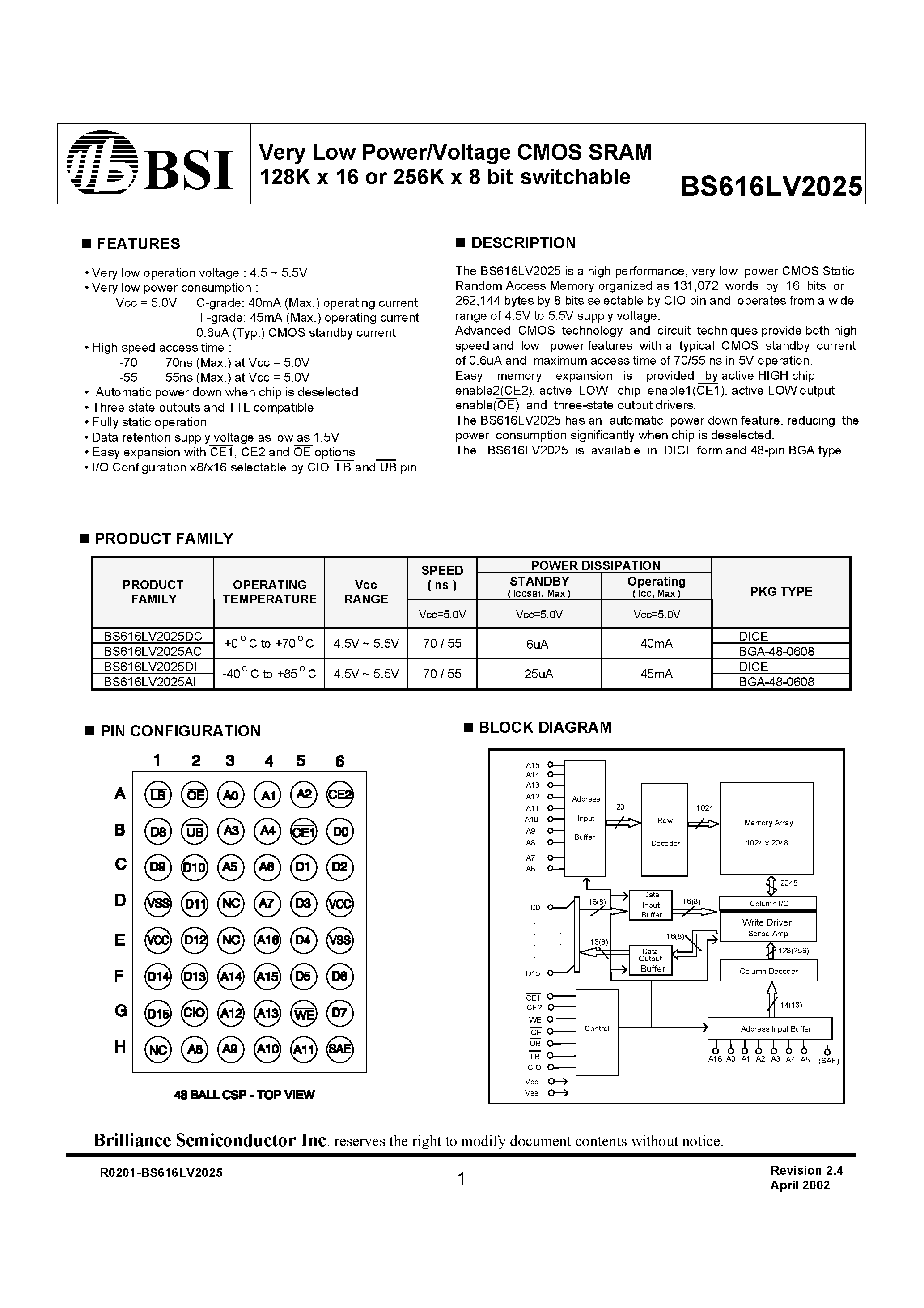 Datasheet BS616LV2025 - Very Low Power/Voltage CMOS SRAM 128K x 16 or 256K x 8 bit switchable page 1