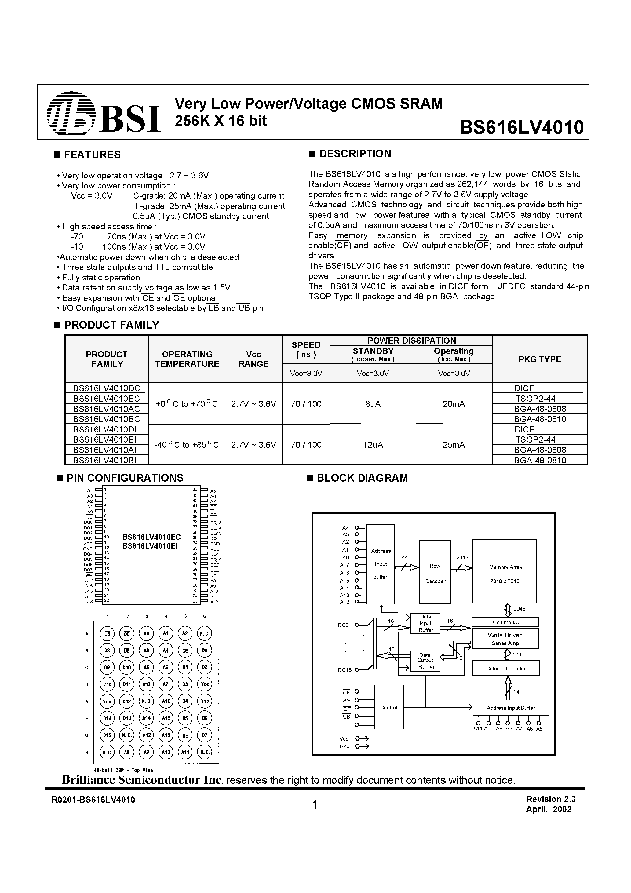 Даташит на микросхему BS616LV4010DC страница 1 Даташит BS616LV4010DC - Very Low Power/Voltage CMOS SRAM 256K X 16 bit страница 1