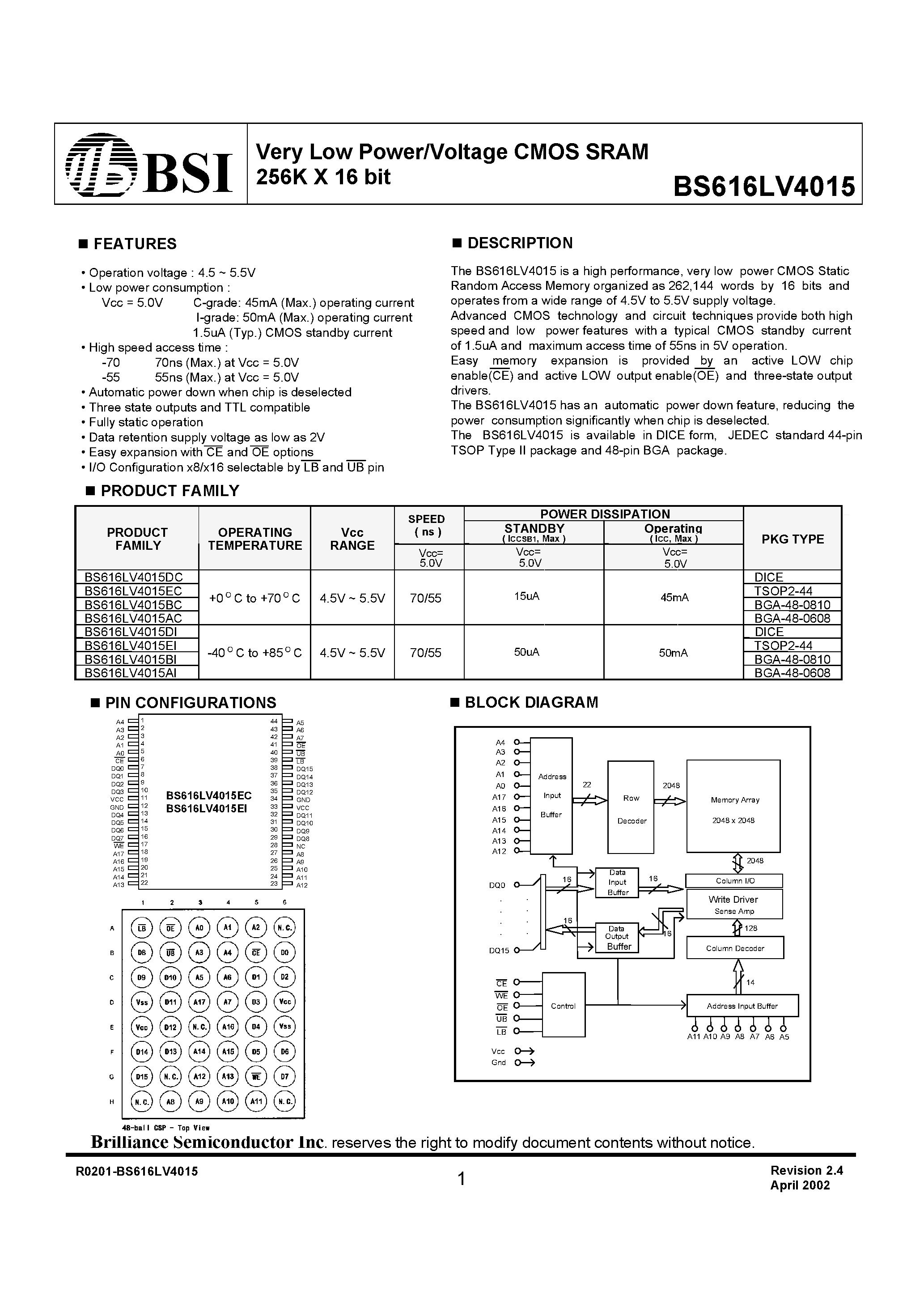 Даташит BS616LV4015EI - Very Low Power/Voltage CMOS SRAM 256K X 16 bit страница 1