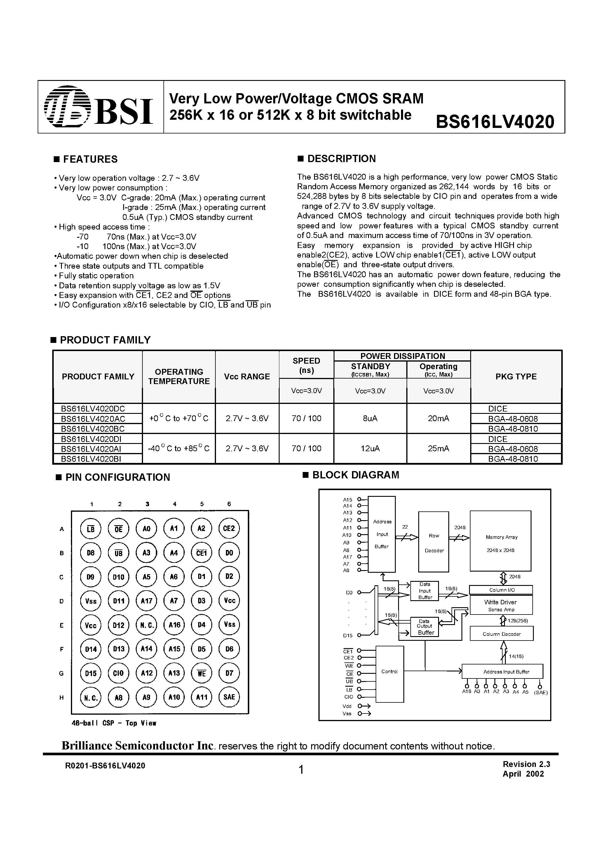 Datasheet BS616LV4020AC - Very Low Power/Voltage CMOS SRAM 256K x 16 or 512K x 8 bit switchable page 1