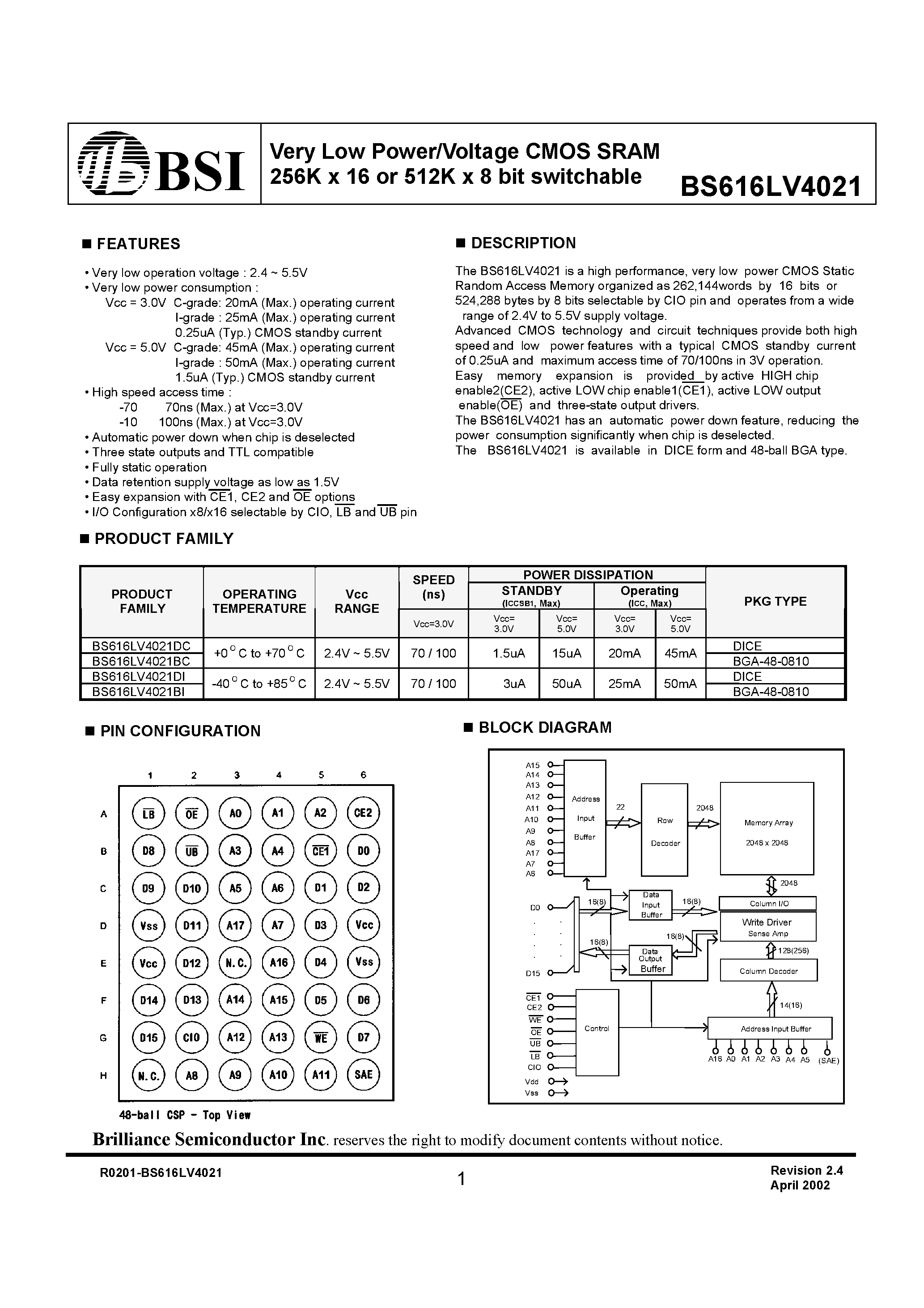 Datasheet BS616LV4021BC - Very Low Power/Voltage CMOS SRAM 256K x 16 or 512K x 8 bit switchable page 1
