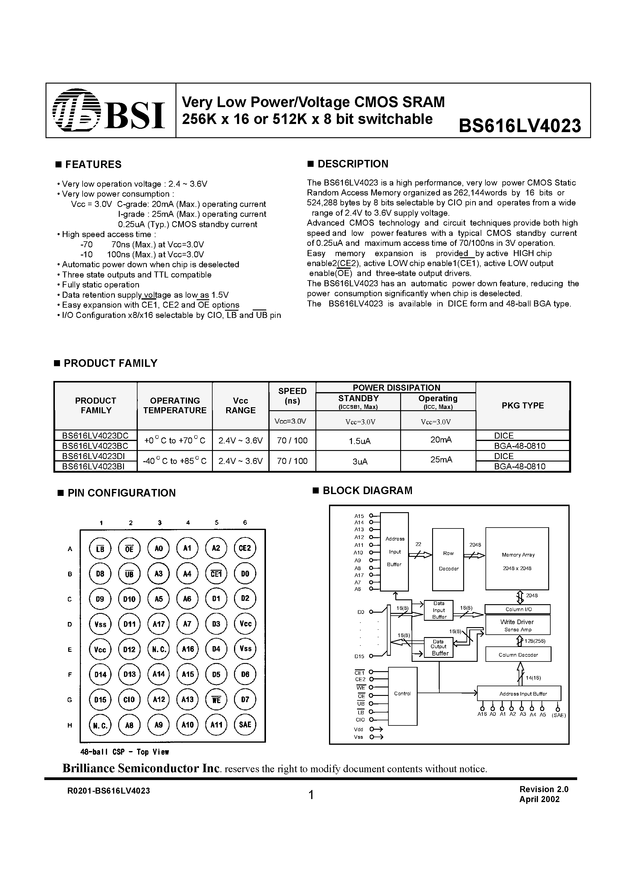 Datasheet BS616LV4023BC - Very Low Power/Voltage CMOS SRAM 256K x 16 or 512K x 8 bit switchable page 1