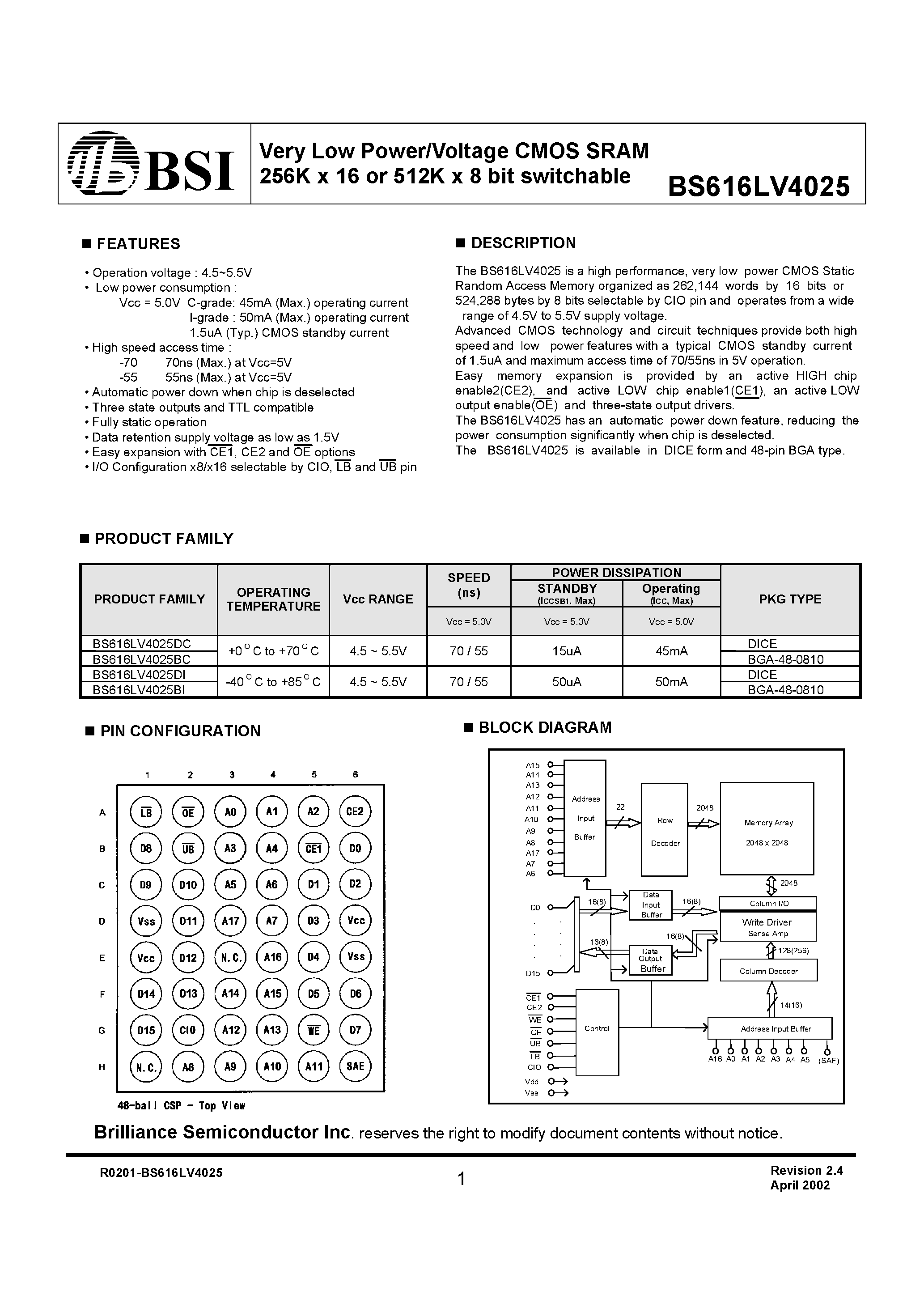 Datasheet BS616LV4025BI - Very Low Power/Voltage CMOS SRAM 256K x 16 or 512K x 8 bit switchable page 1