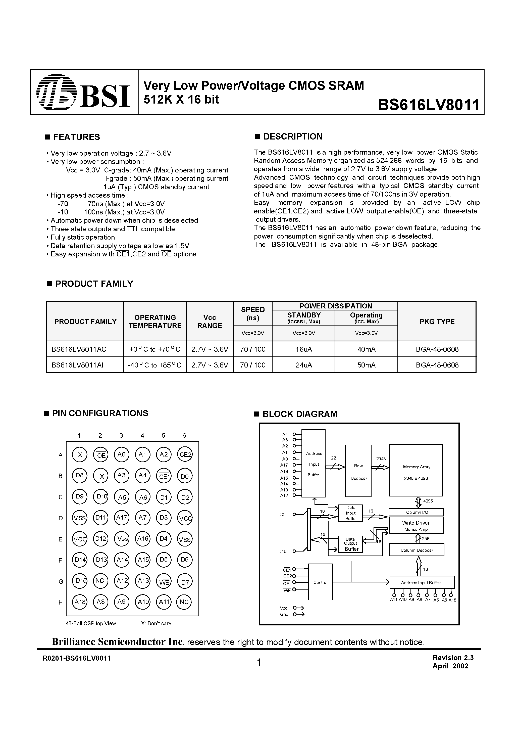 Даташит на микросхему BS616LV8011 страница 1 Даташит BS616LV8011 - Very Low Power/Voltage CMOS SRAM 512K X 16 bit страница 1