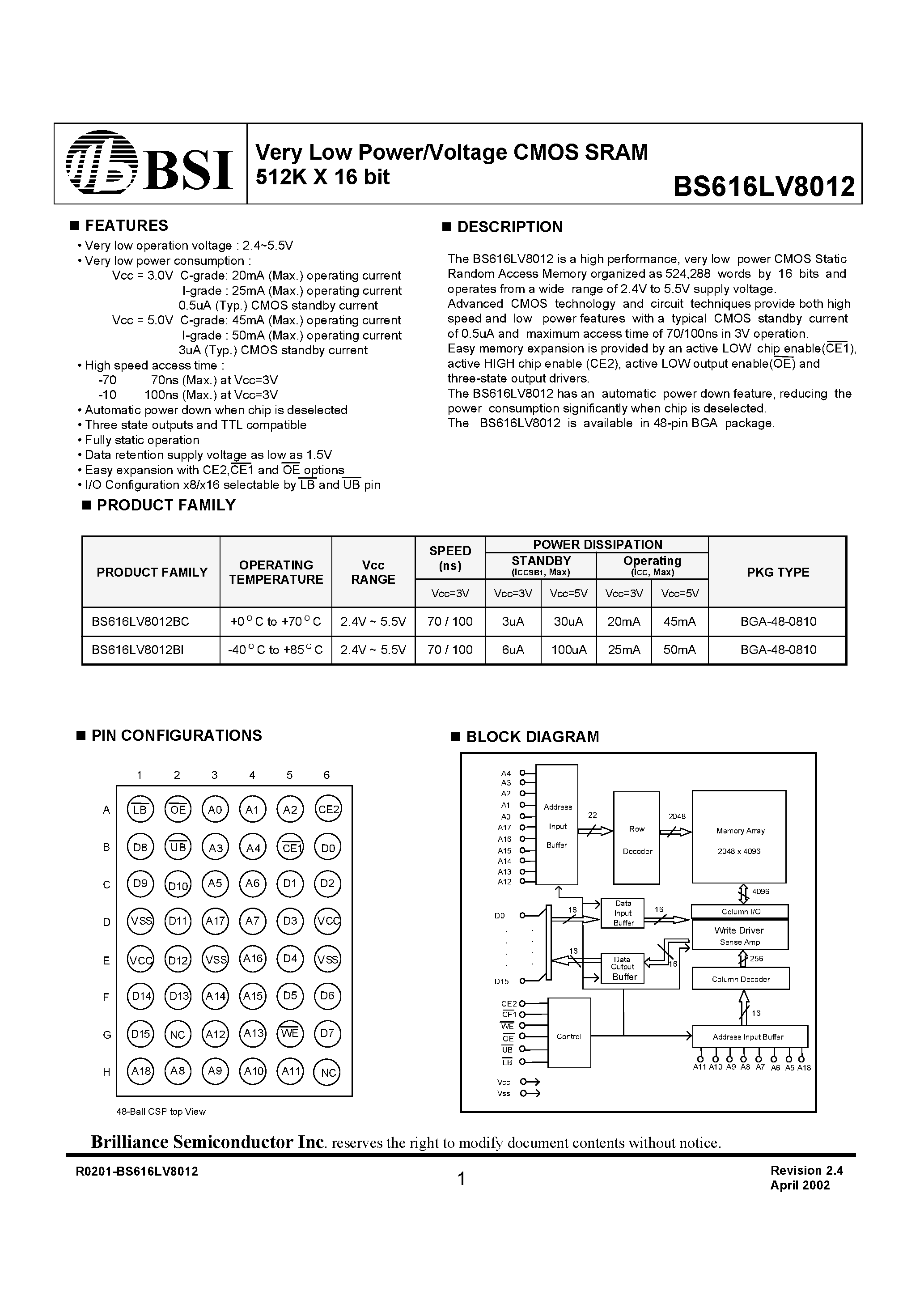 Даташит BS616LV8012BI - Very Low Power/Voltage CMOS SRAM 512K X 16 bit страница 1