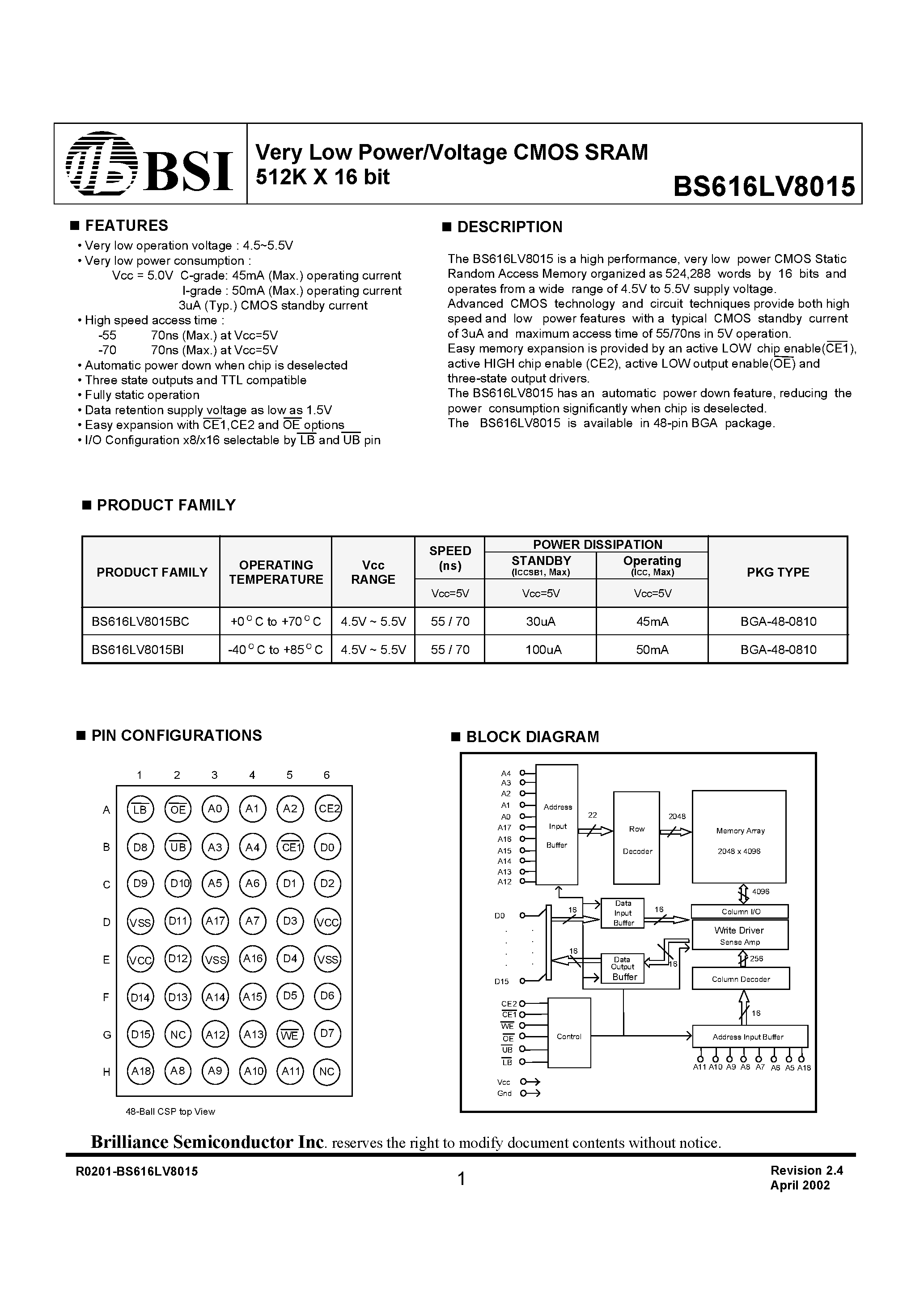 Даташит на микросхему BS616LV8015 страница 1 Даташит BS616LV8015 - Very Low Power/Voltage CMOS SRAM 512K X 16 bit страница 1