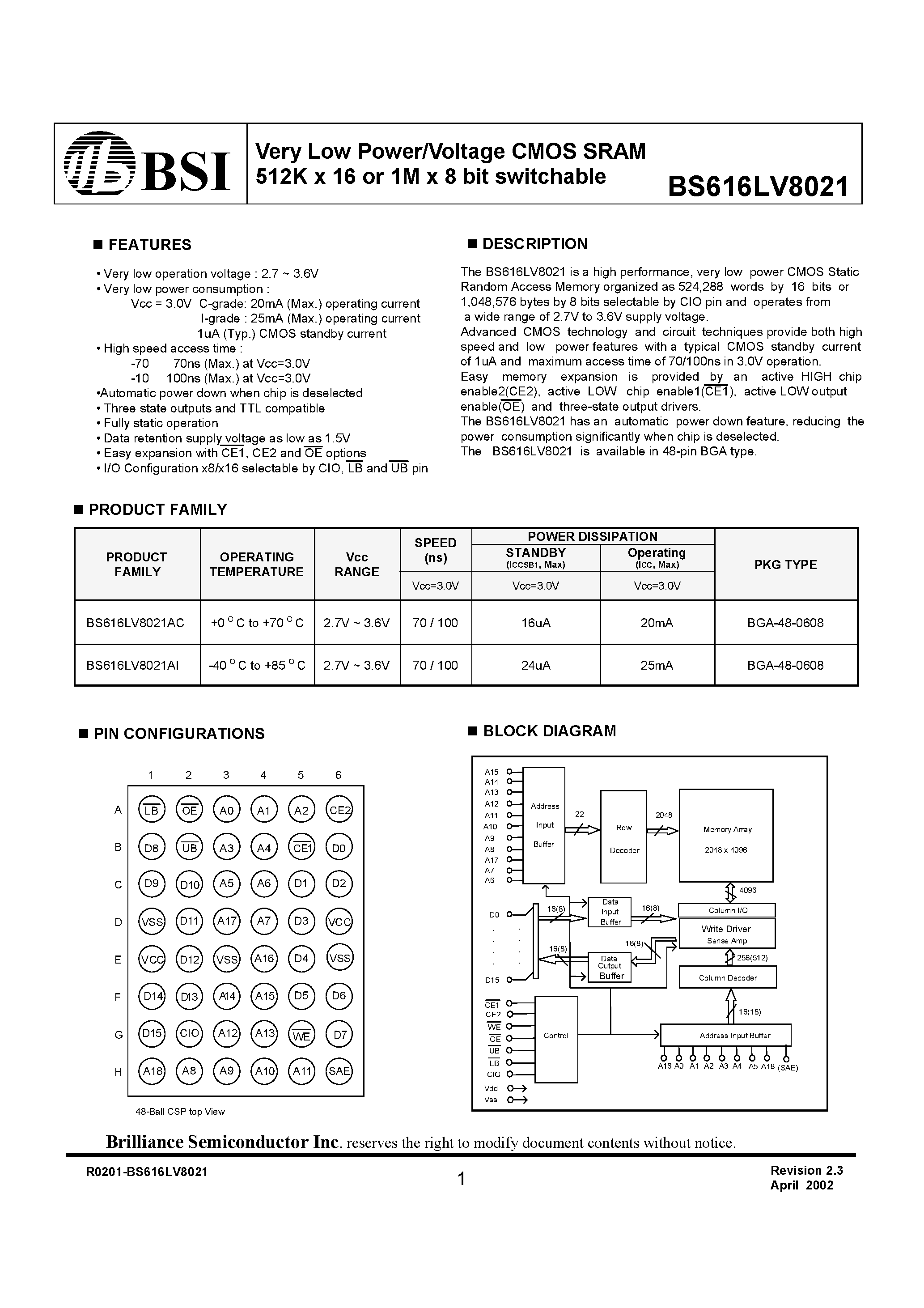 Datasheet BS616LV8021 - Very Low Power/Voltage CMOS SRAM 512K x 16 or 1M x 8 bit switchable page 1