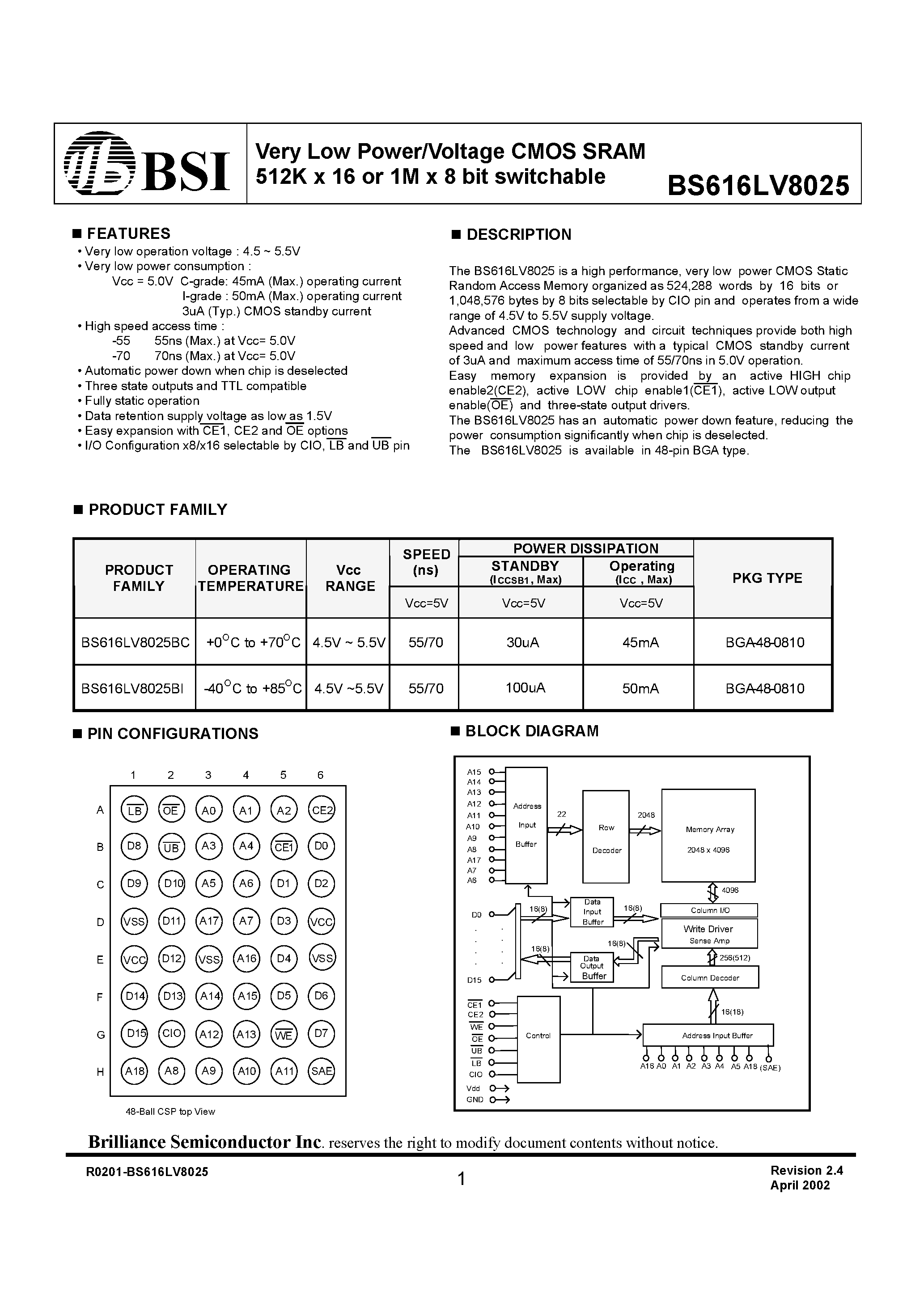 Datasheet BS616LV8025BC - Very Low Power/Voltage CMOS SRAM 512K x 16 or 1M x 8 bit switchable page 1