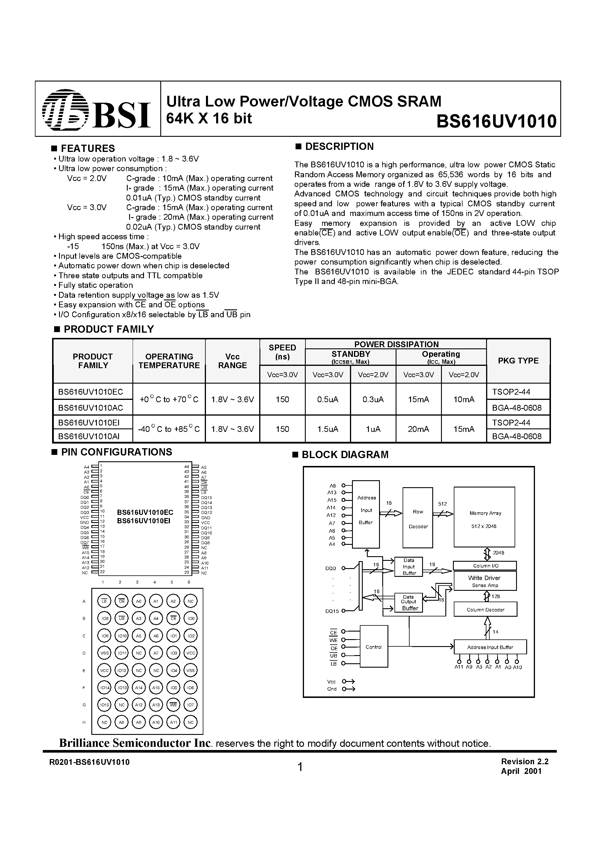 Даташит на микросхему BS616UV1010 страница 1 Даташит BS616UV1010 - Ultra Low Power/Voltage CMOS SRAM 64K X 16 bit страница 1