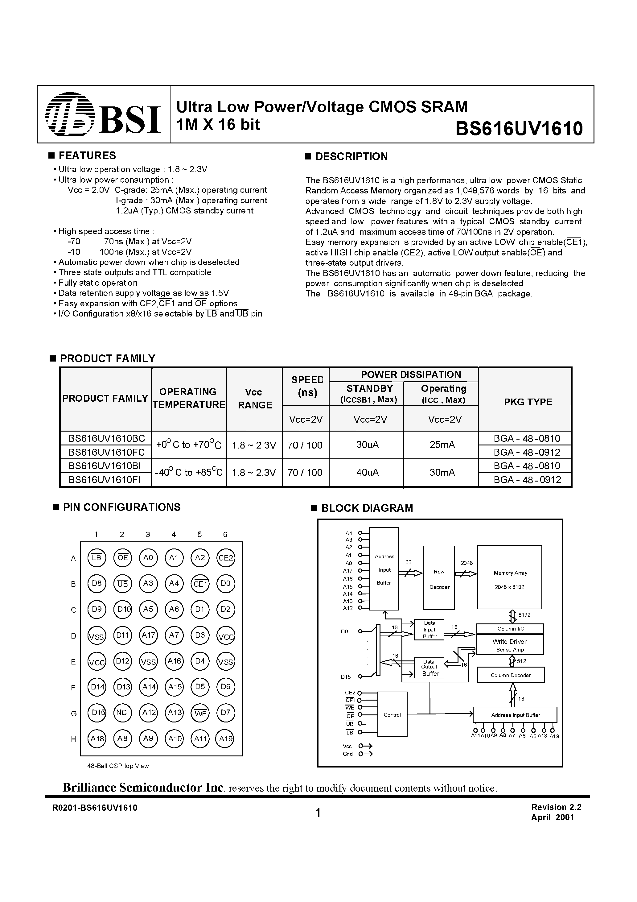 Даташит BS616UV1610BI - Ultra Low Power/Voltage CMOS SRAM 1M X 16 bit страница 1