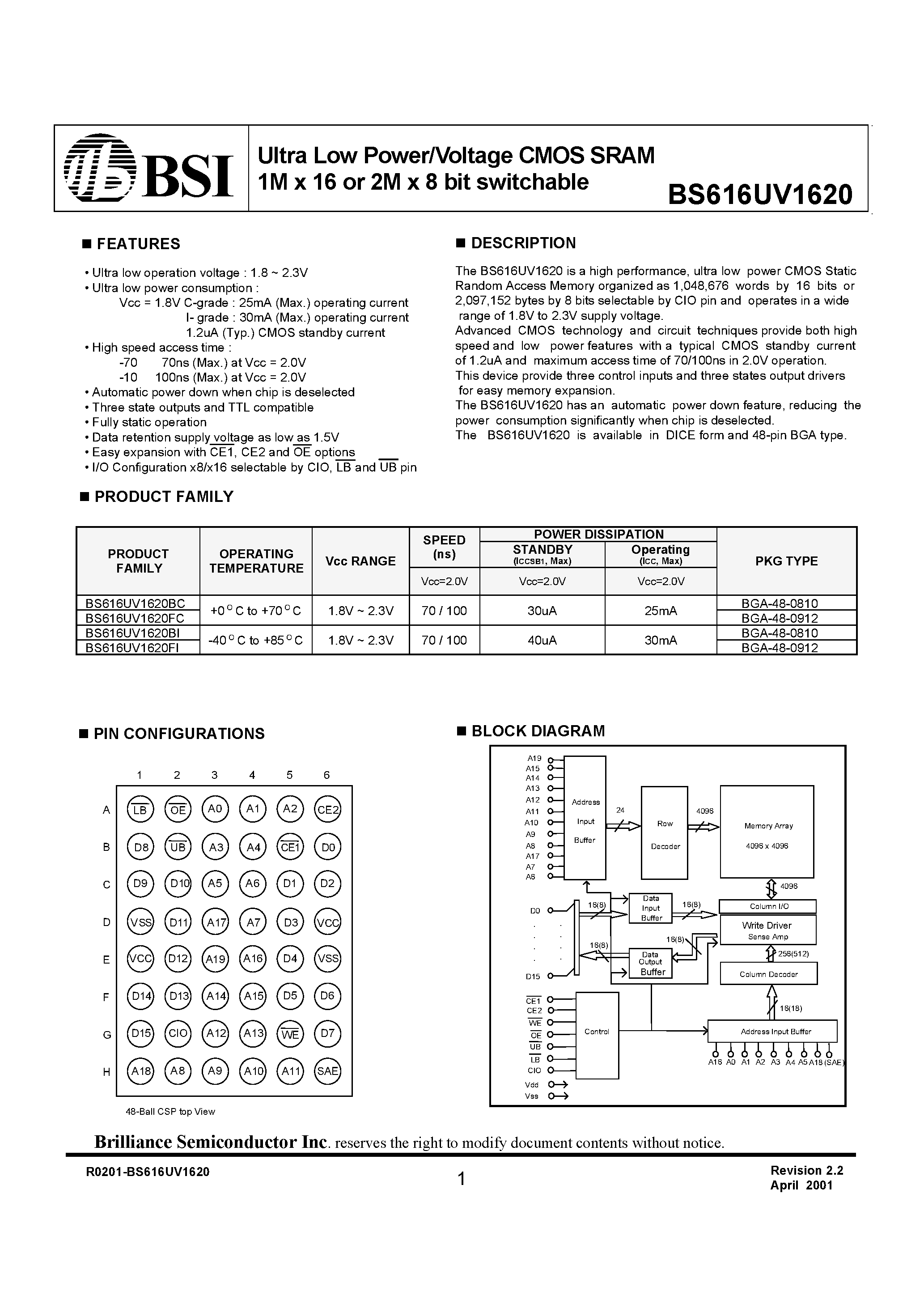 Datasheet BS616UV1620BC - Ultra Low Power/Voltage CMOS SRAM 1M x 16 or 2M x 8 bit switchable page 1