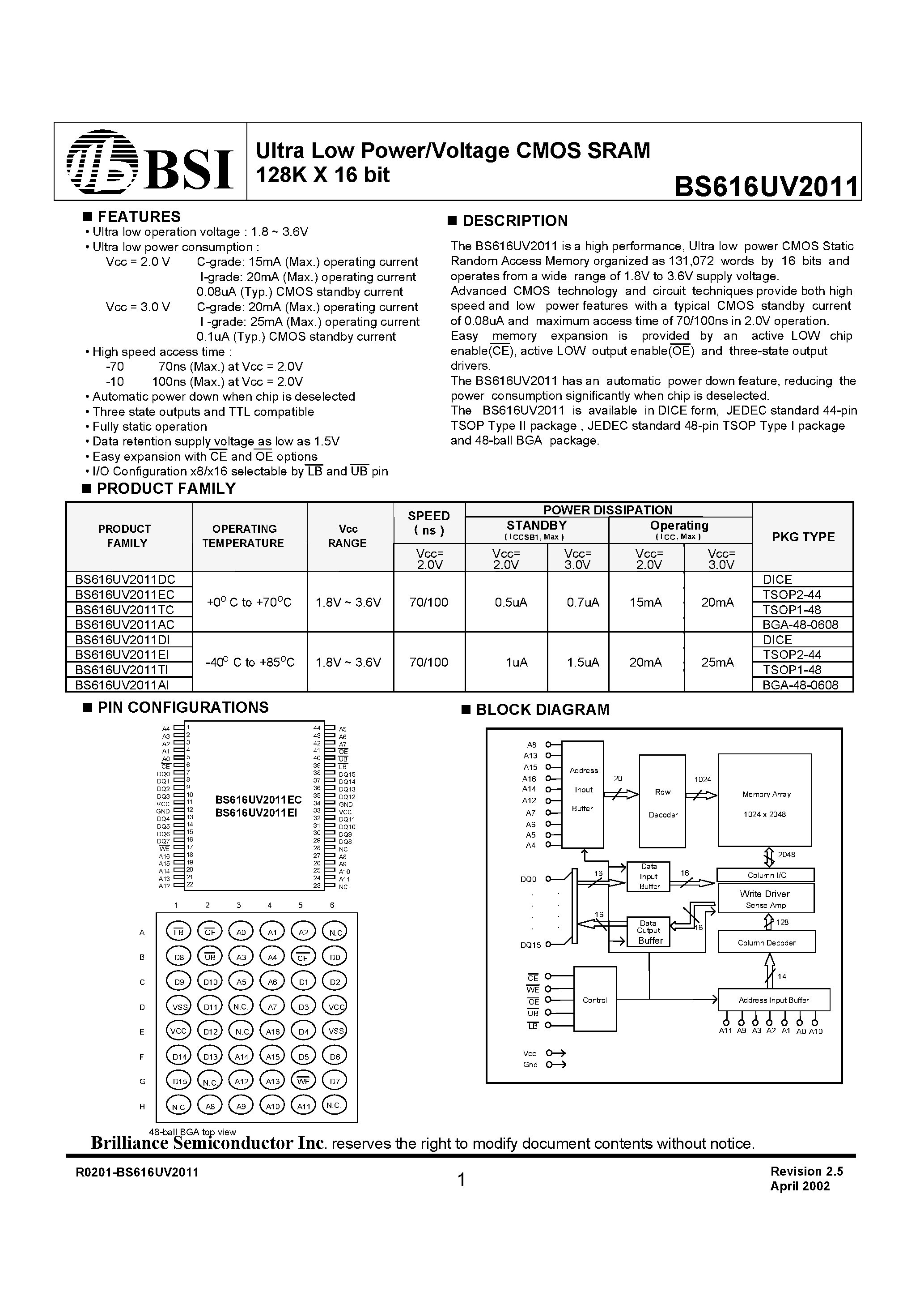 Даташит на микросхему BS616UV2011AI страница 1 Даташит BS616UV2011AI - Ultra Low Power/Voltage CMOS SRAM 128K X 16 bit страница 1