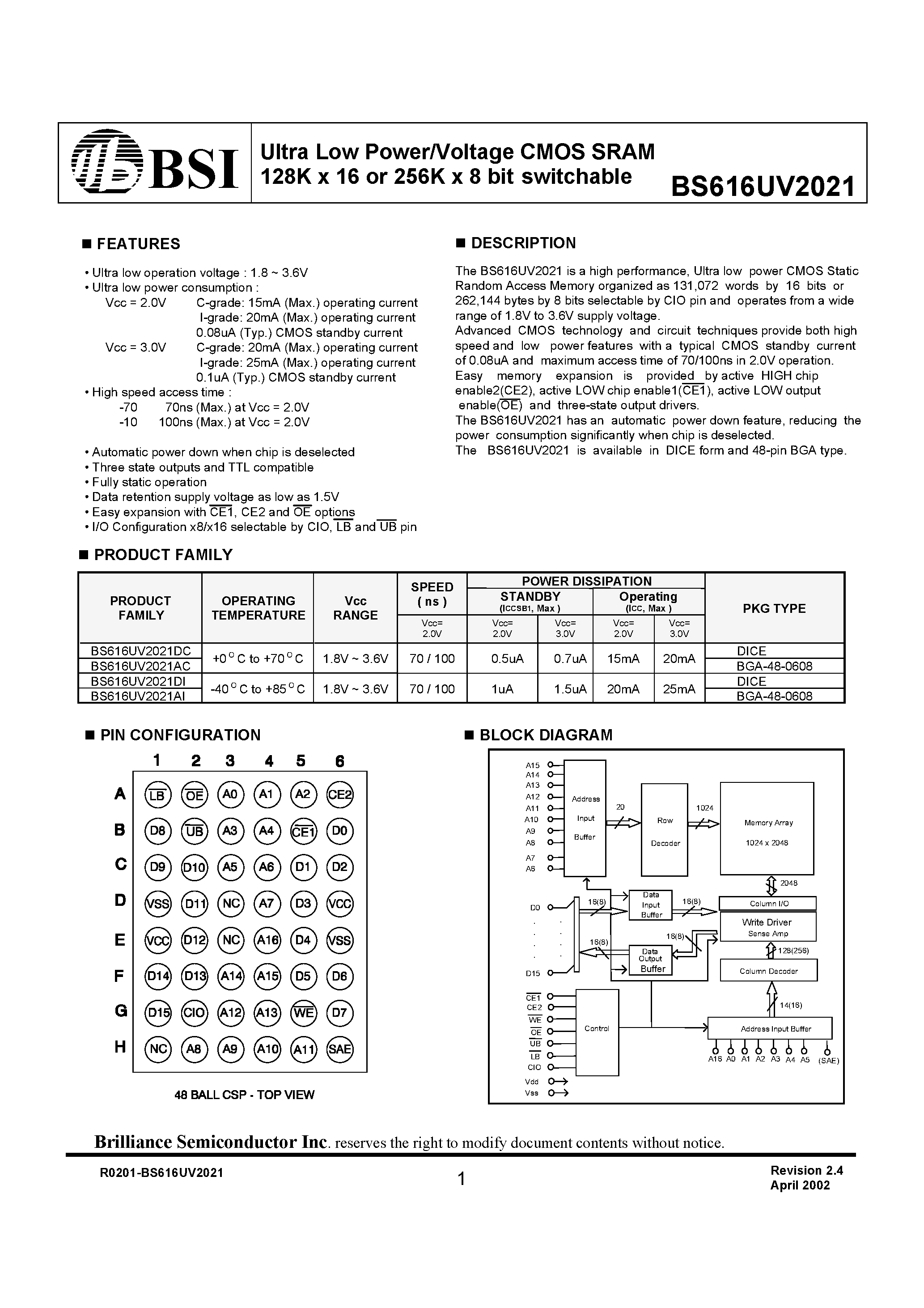 Datasheet BS616UV2021DI - Ultra Low Power/Voltage CMOS SRAM 128K x 16 or 256K x 8 bit switchable page 1