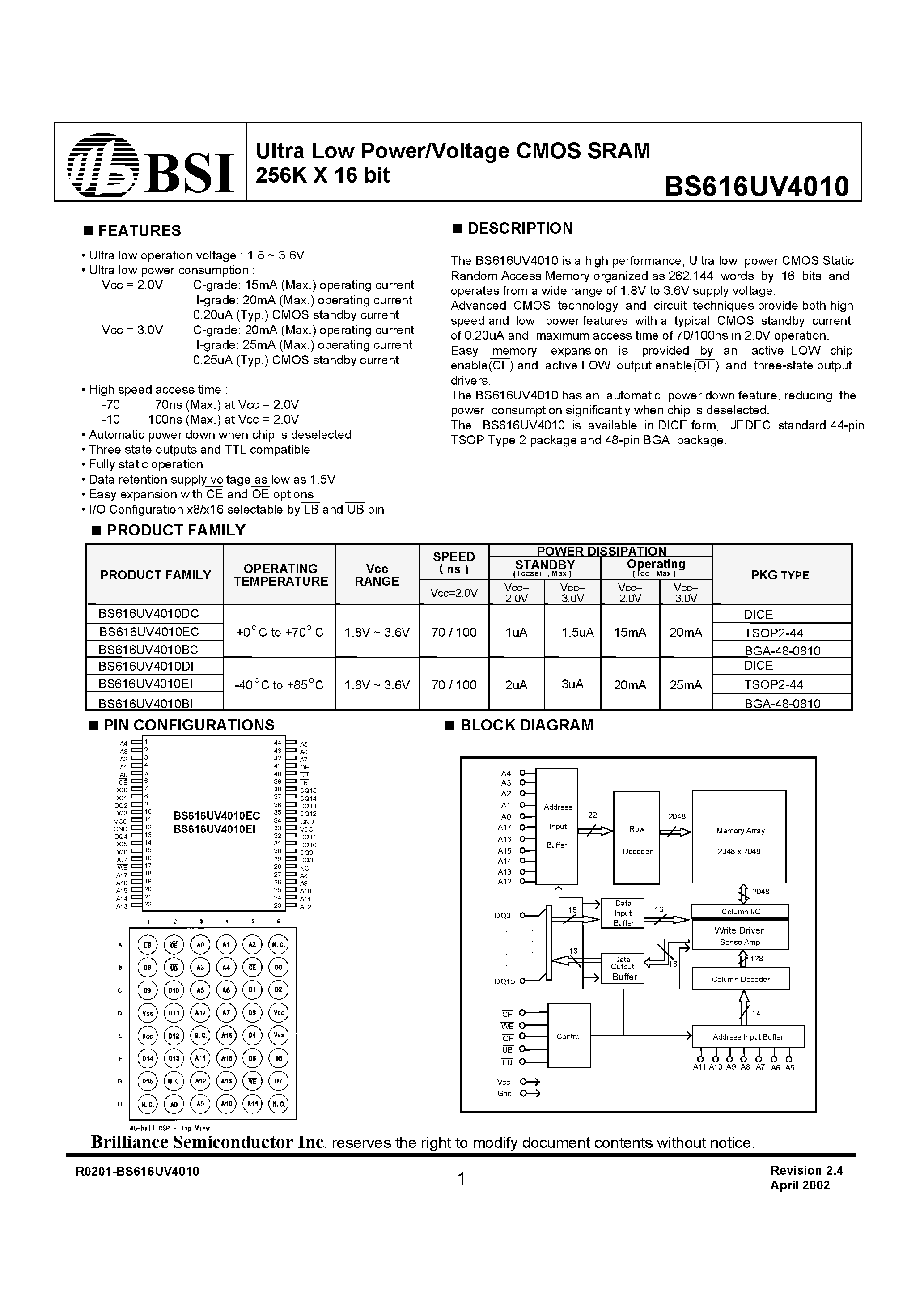 Даташит на микросхему BS616UV4010BI страница 1 Даташит BS616UV4010BI - Ultra Low Power/Voltage CMOS SRAM 256K X 16 bit страница 1