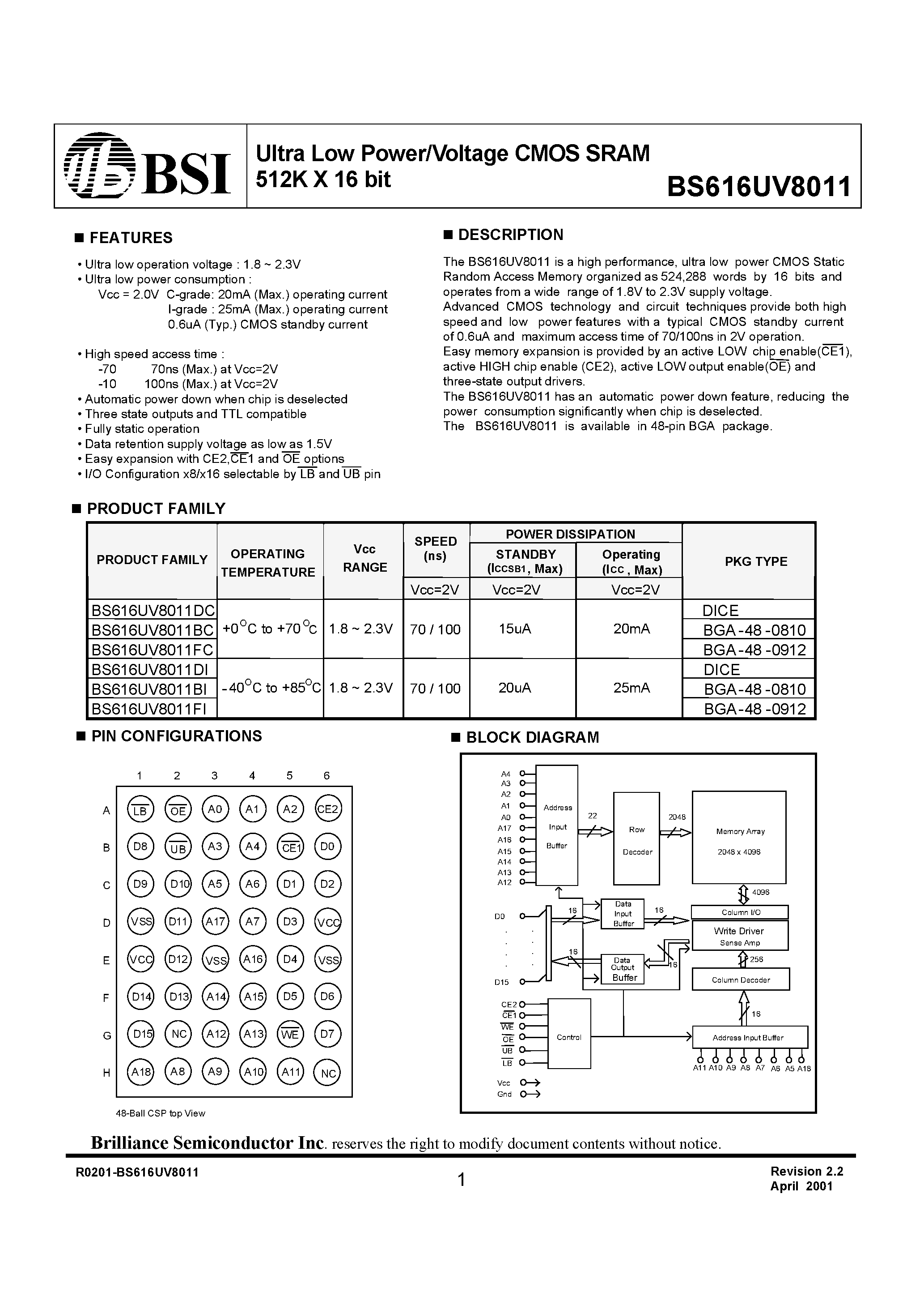 Даташит на микросхему BS616UV8011BI страница 1 Даташит BS616UV8011BI - Ultra Low Power/Voltage CMOS SRAM 512K X 16 bit страница 1