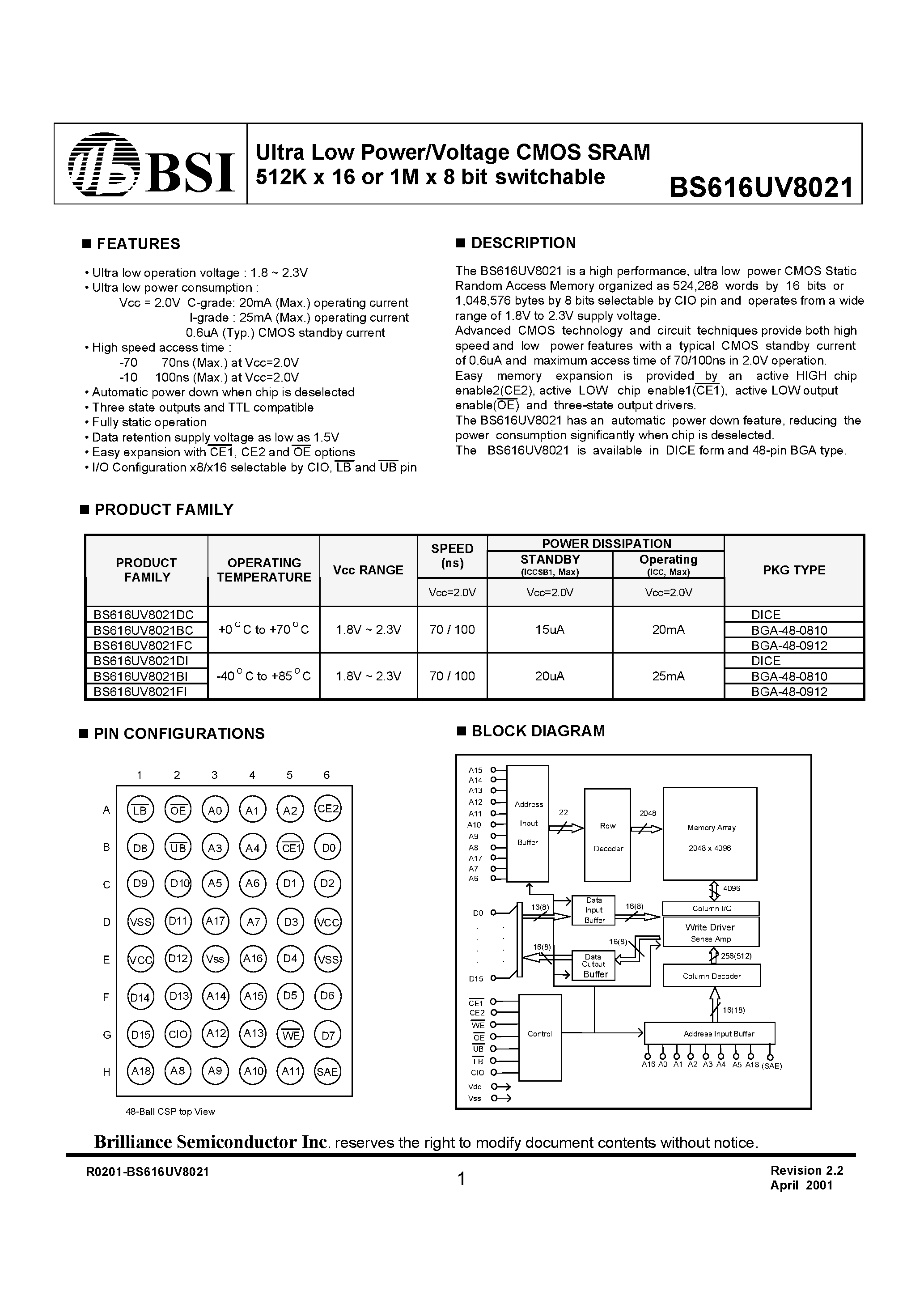 Datasheet BS616UV8021 - Ultra Low Power/Voltage CMOS SRAM 512K x 16 or 1M x 8 bit switchable page 1