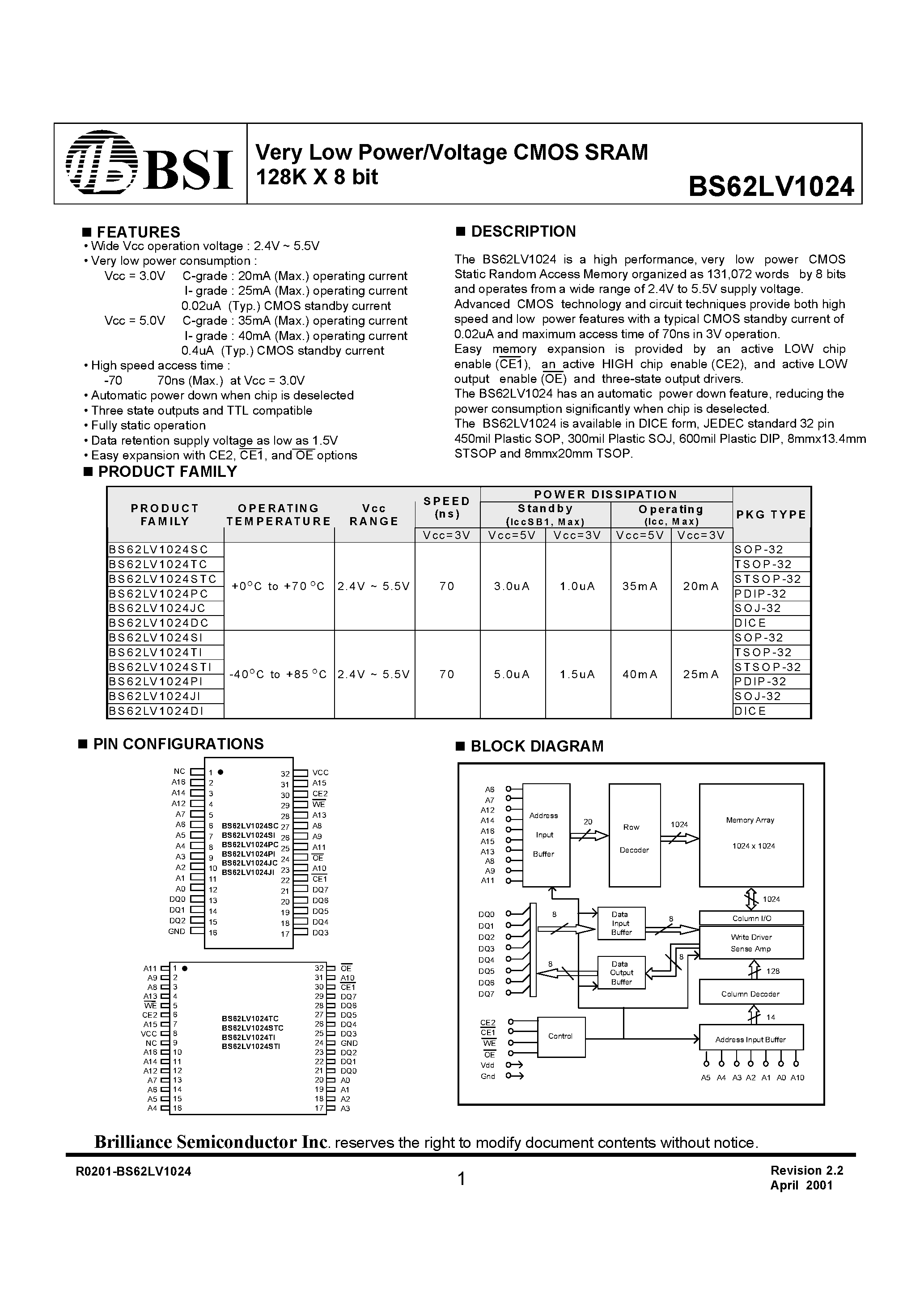 Даташит на микросхему BS62LV1024SC страница 1 Даташит BS62LV1024SC - Very Low Power/Voltage CMOS SRAM 128K X 8 bit страница 1