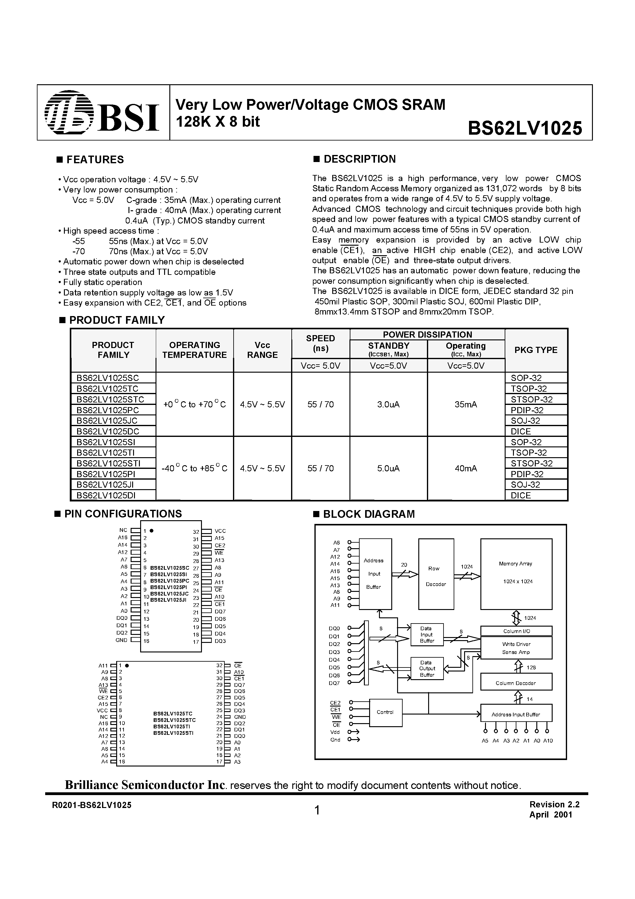 Даташит на микросхему BS62LV1025STC страница 1 Даташит BS62LV1025STC - Very Low Power/Voltage CMOS SRAM 128K X 8 bit страница 1
