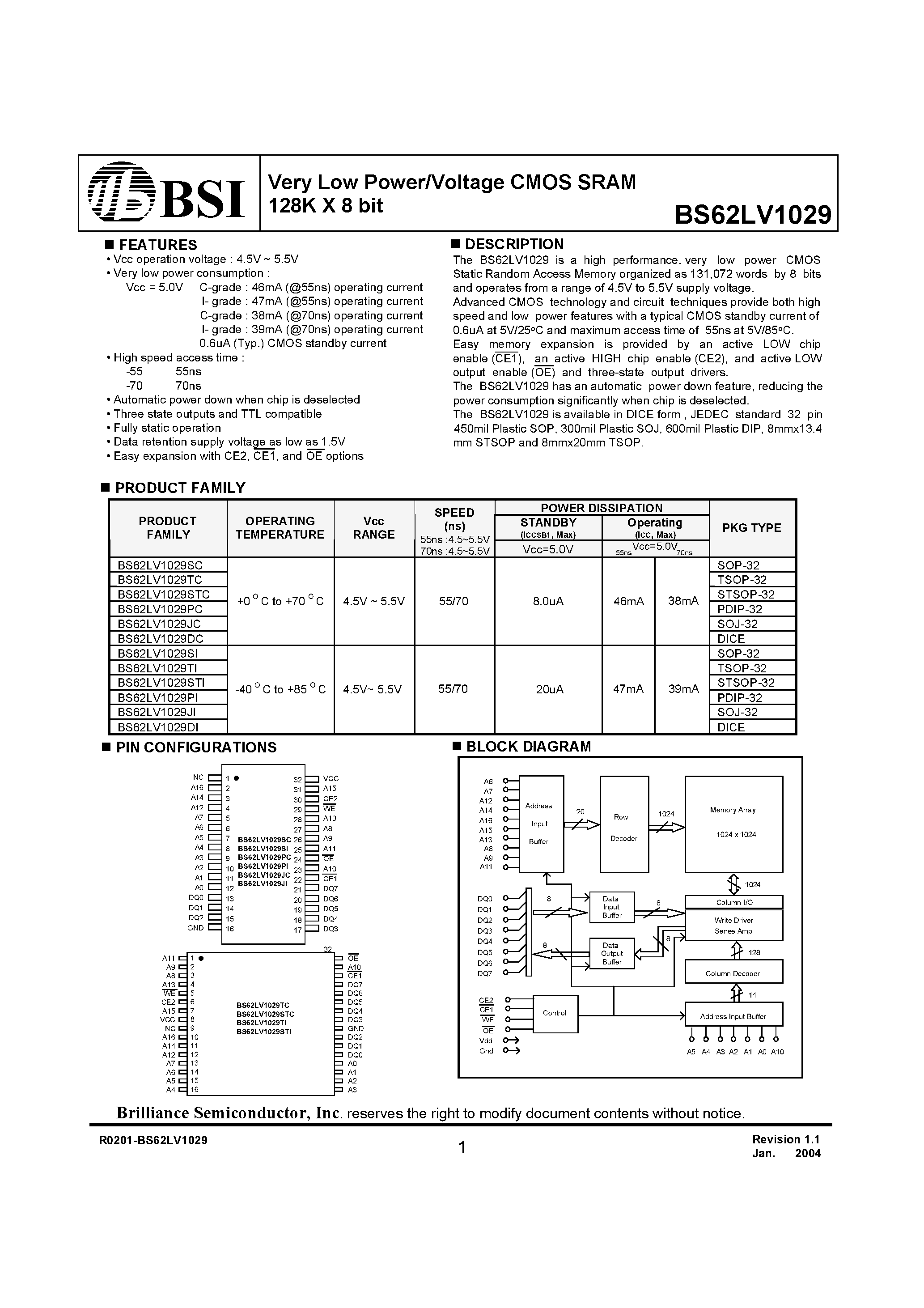 Даташит BS62LV1029DIG70 - Very Low Power/Voltage CMOS SRAM 128K X 8 bit страница 1