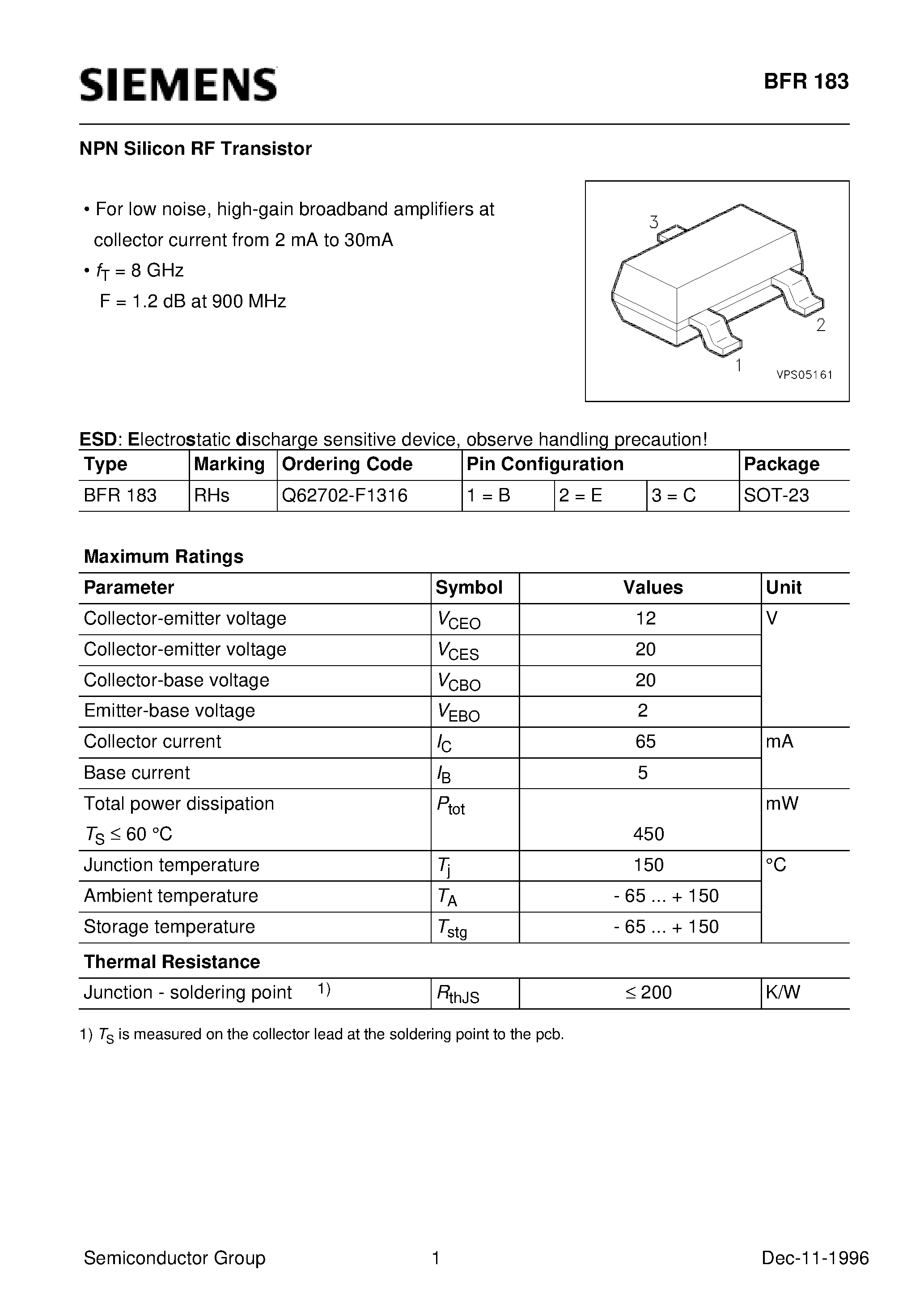 Даташит BFR183 - NPN Silicon RF Transistor (For low noise/ high-gain broadband amplifiers at collector current from 2 mA to 30mA) страница 1