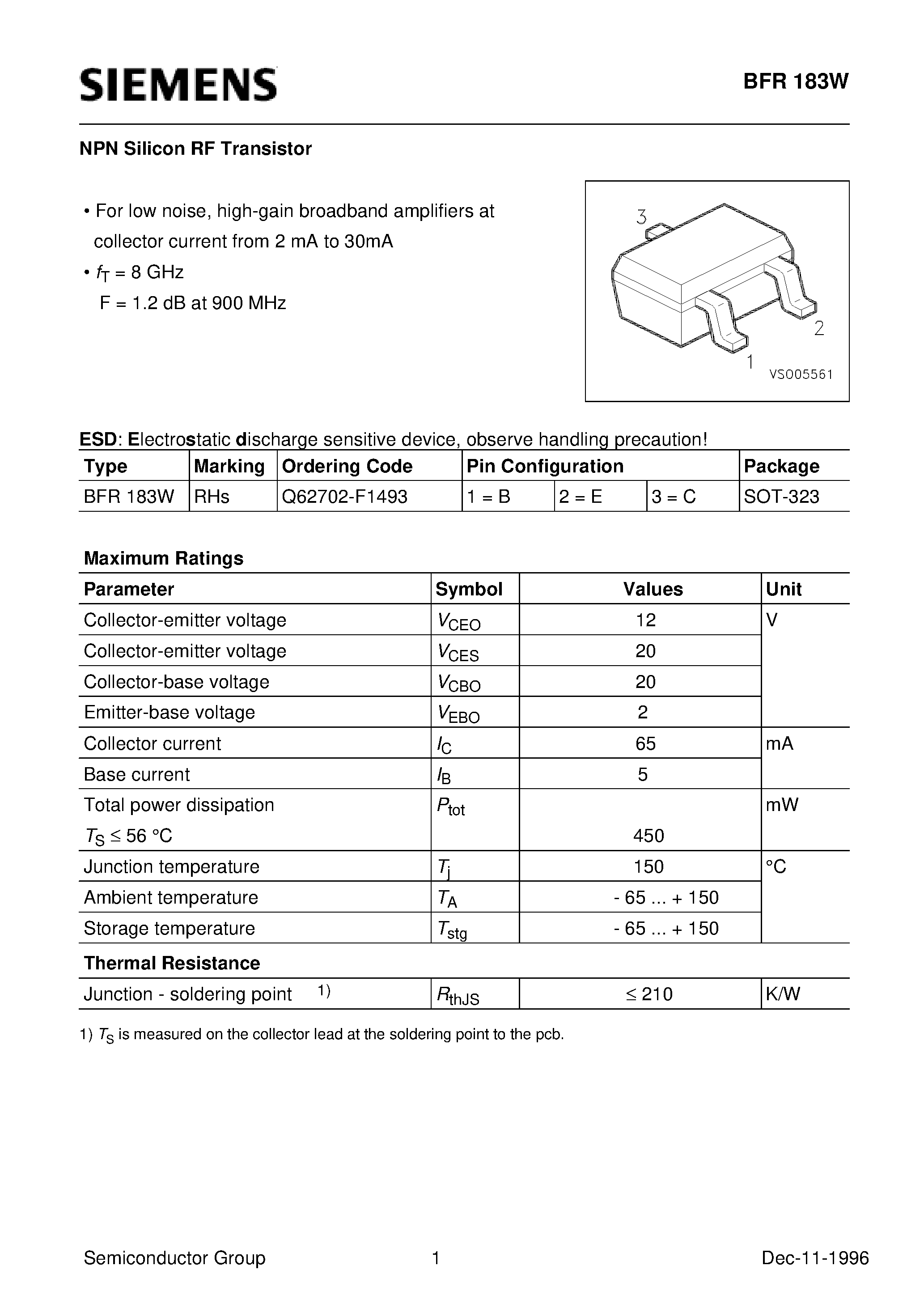 Даташит на микросхему BFR183W страница 1 Даташит BFR183W - NPN Silicon RF Transistor (For low noise/ high-gain broadband amplifiers at collector current from 2 mA to 30mA) страница 1