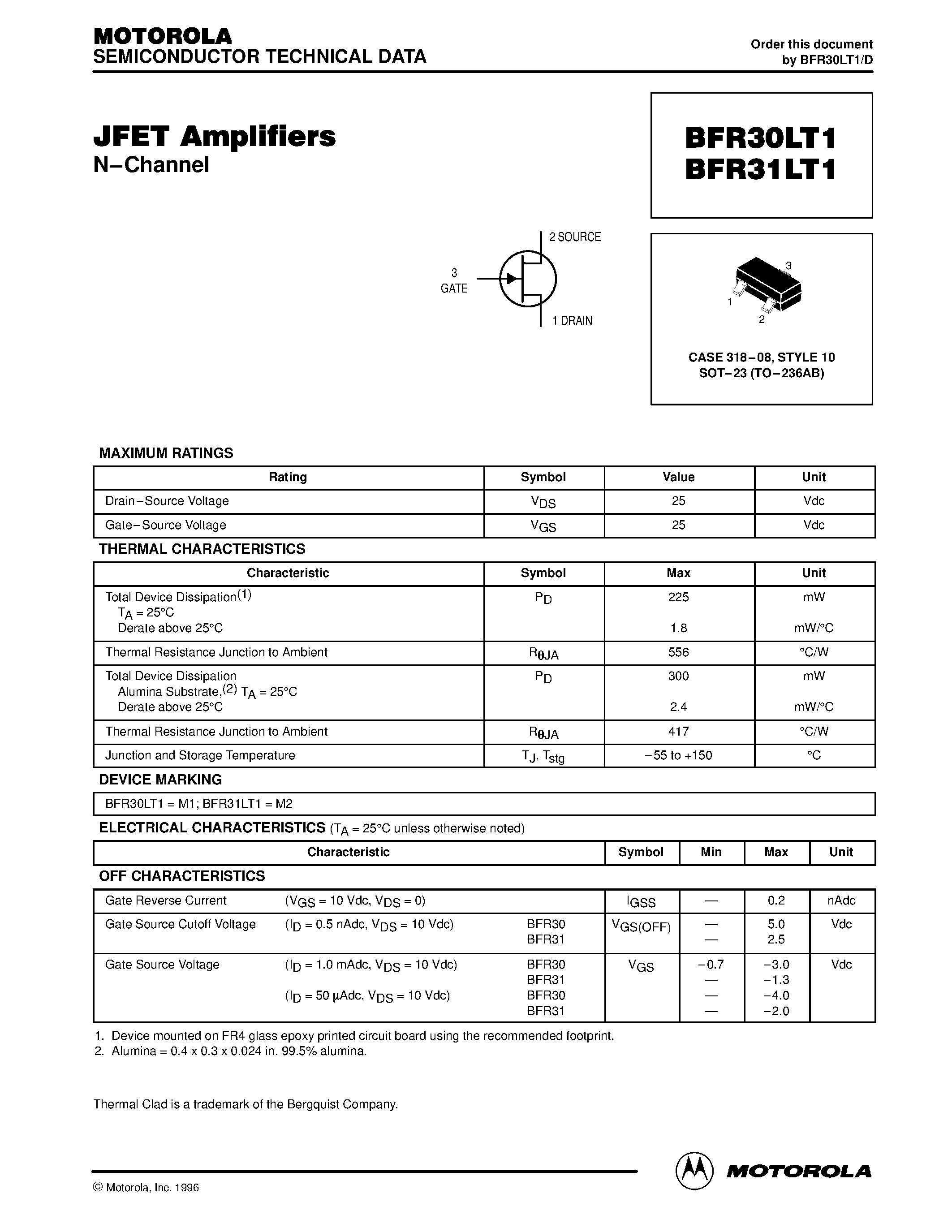 Datasheet BFR31LT1 - JFET Amplifiers(N-Channel) page 1