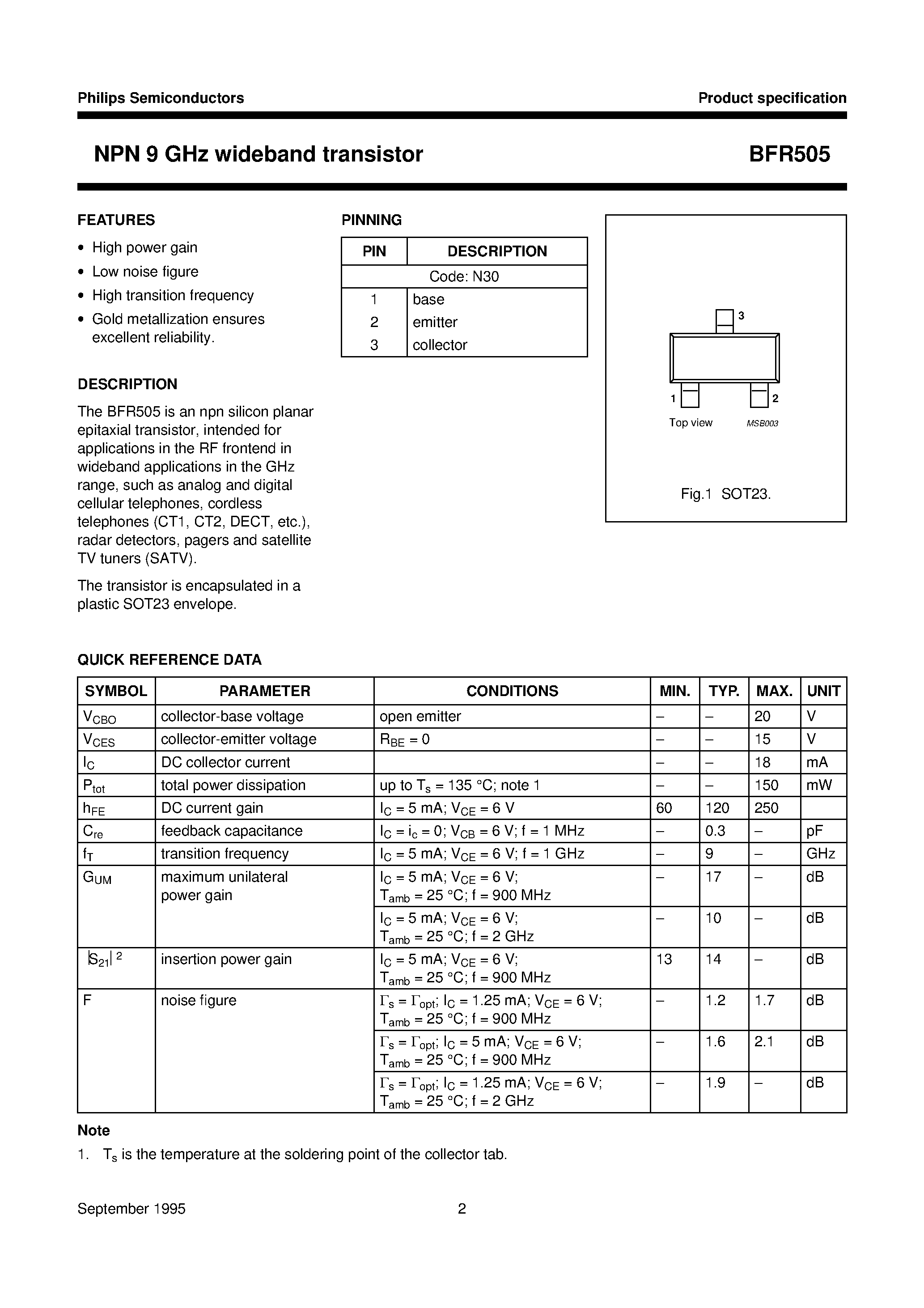 Даташит BFR505 - NPN 9 GHz wideband transistor страница 2