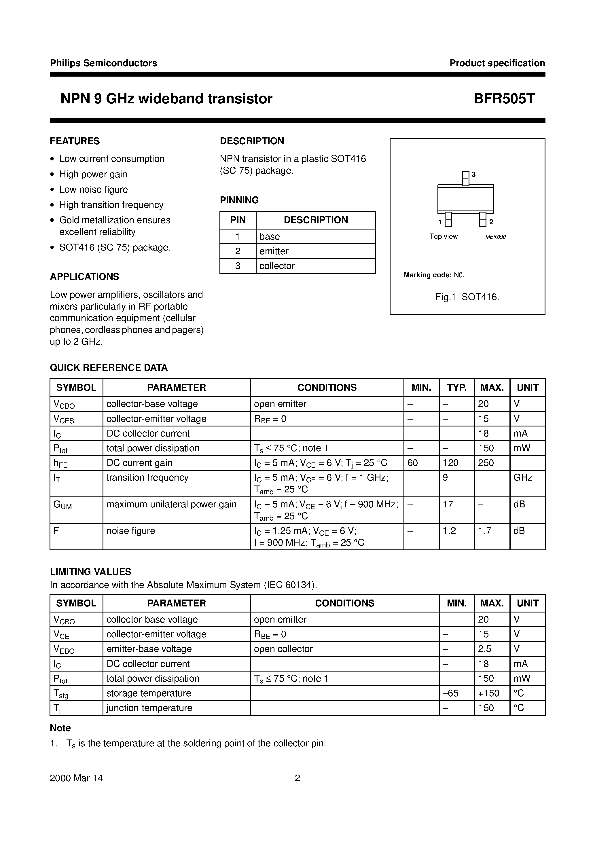 Даташит BFR505T - NPN 9 GHz wideband transistor страница 2