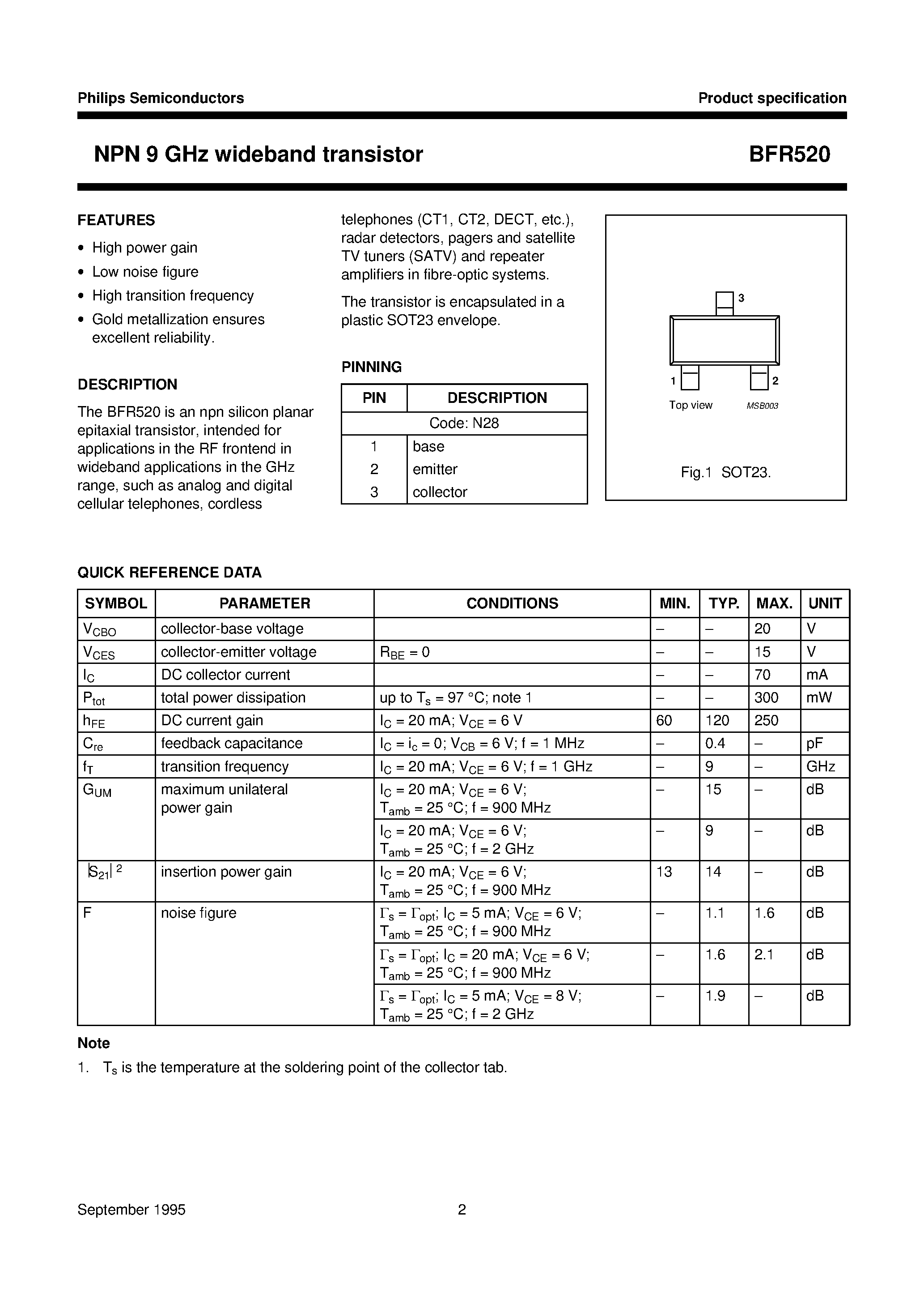 Даташит BFR520 - NPN 9 GHz wideband transistor страница 2