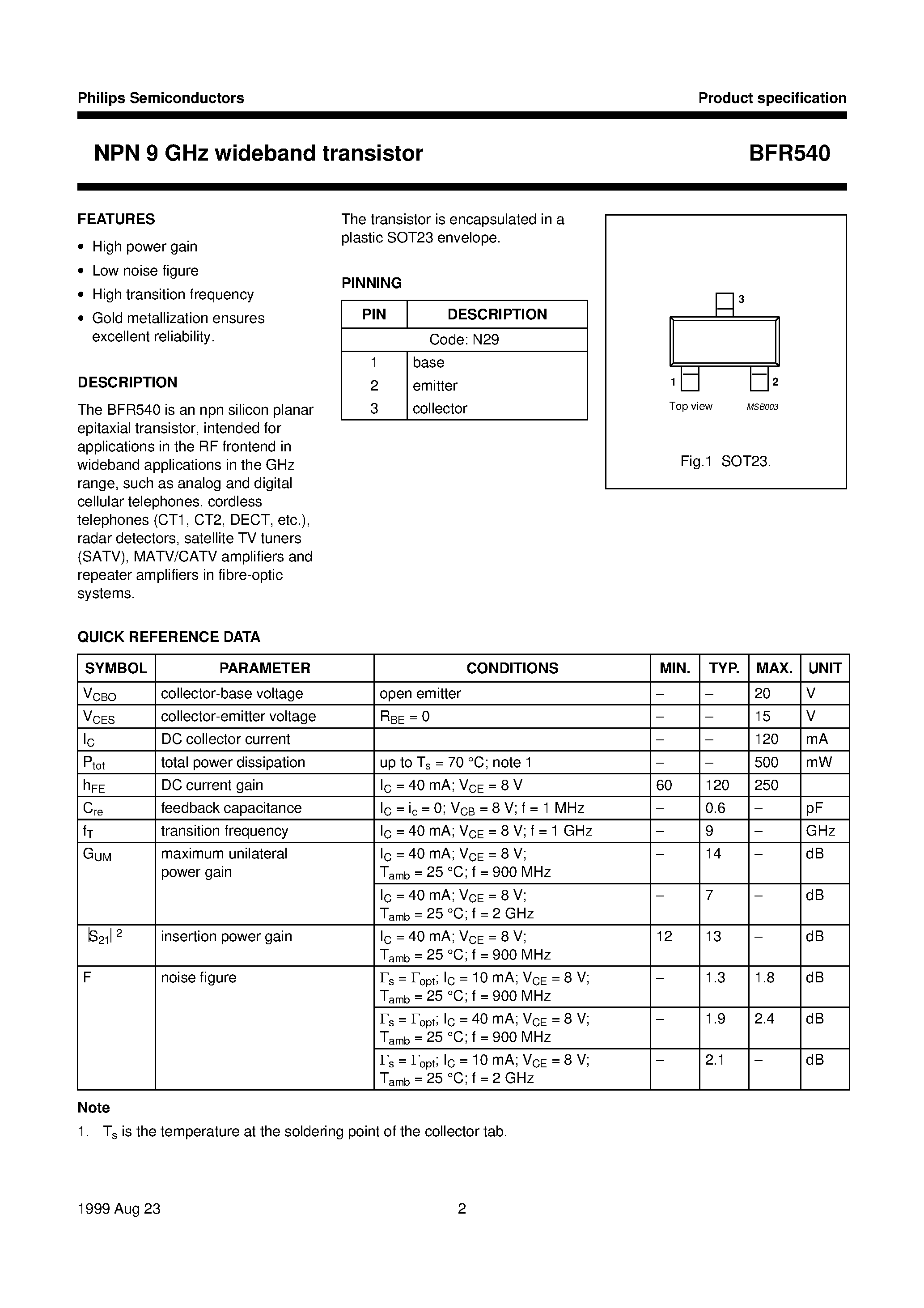 Даташит BFR540 - NPN 9 GHz wideband transistor страница 2