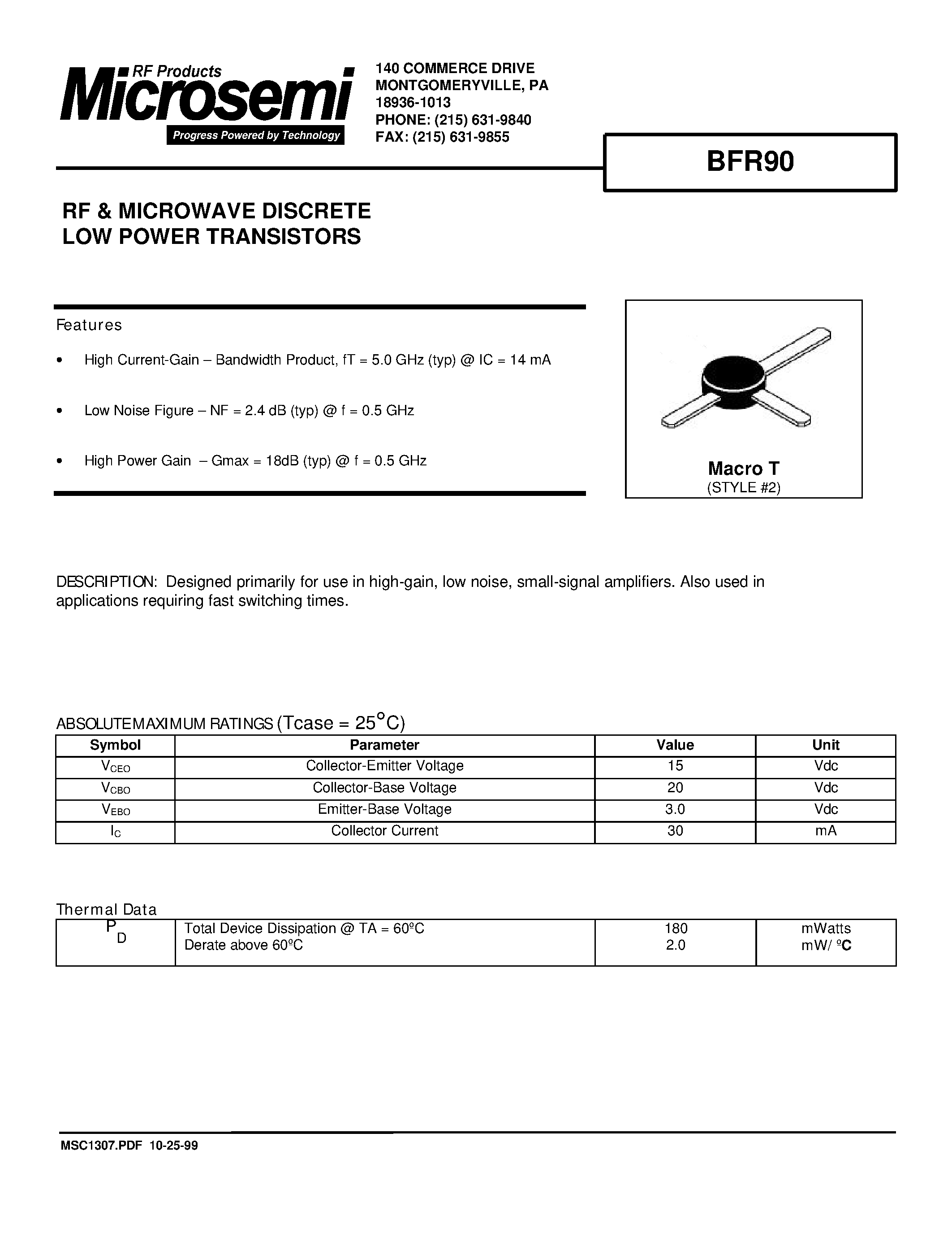 Даташит BFR90 - RF & MICROWAVE DISCRETE LOW POWER TRANSISTORS страница 1