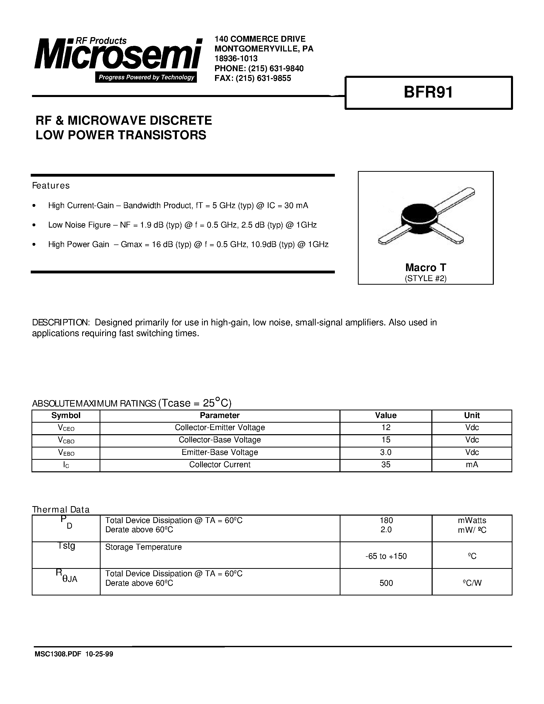 Даташит BFR91 - RF & MICROWAVE DISCRETE LOW POWER TRANSISTORS страница 1