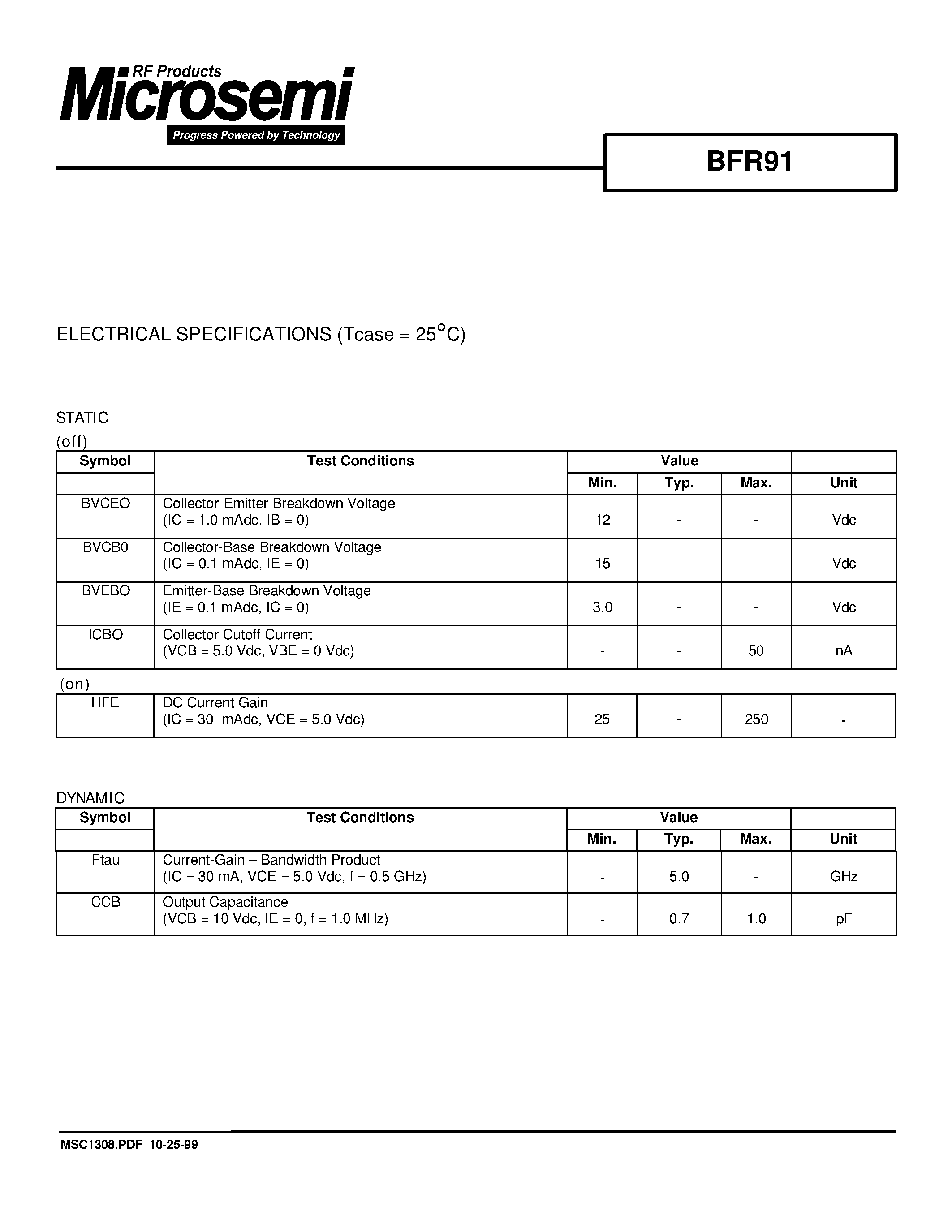 Даташит BFR91 - RF & MICROWAVE DISCRETE LOW POWER TRANSISTORS страница 2