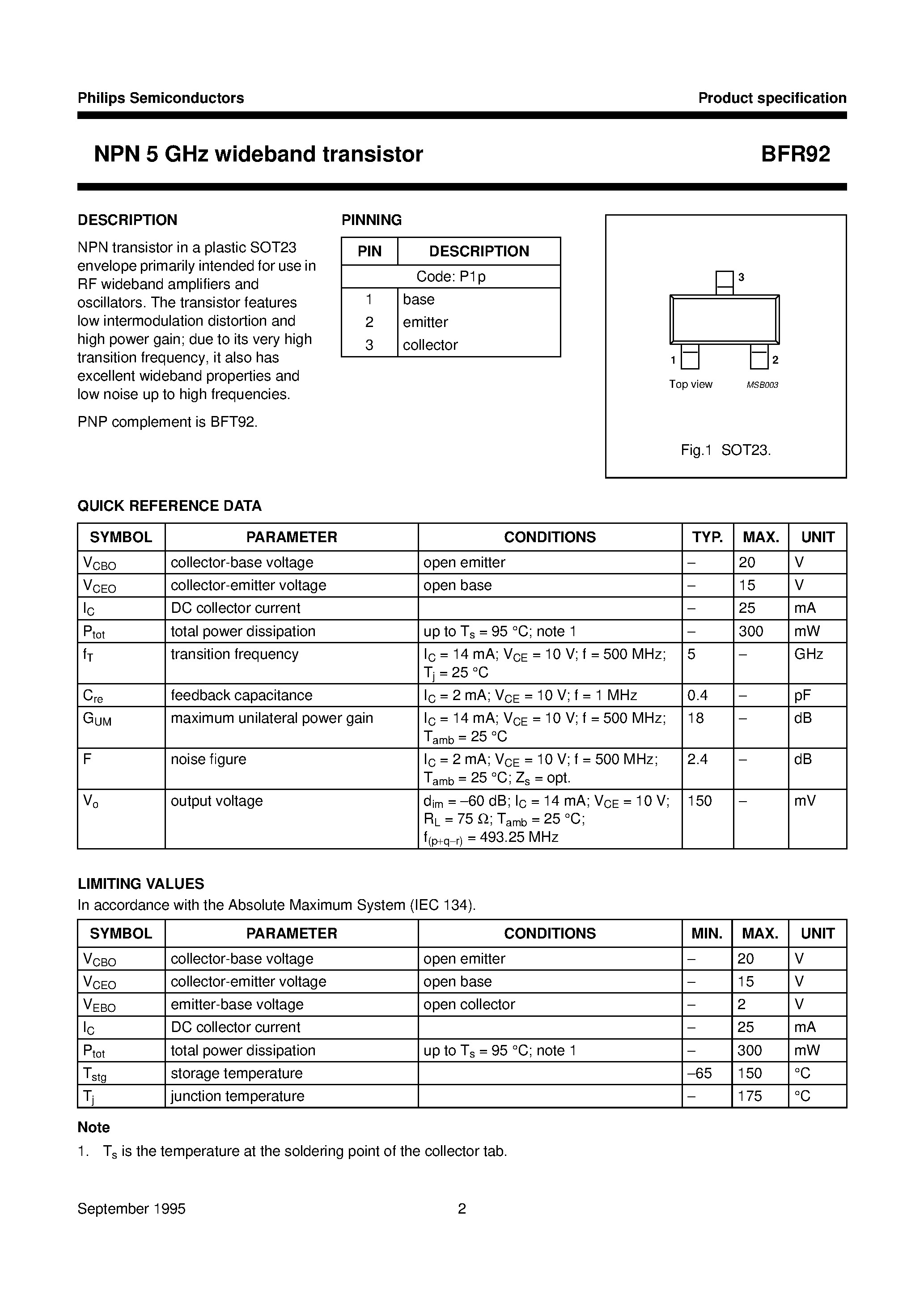 Datasheet BFR92 - NPN 5 GHz wideband transistor page 2